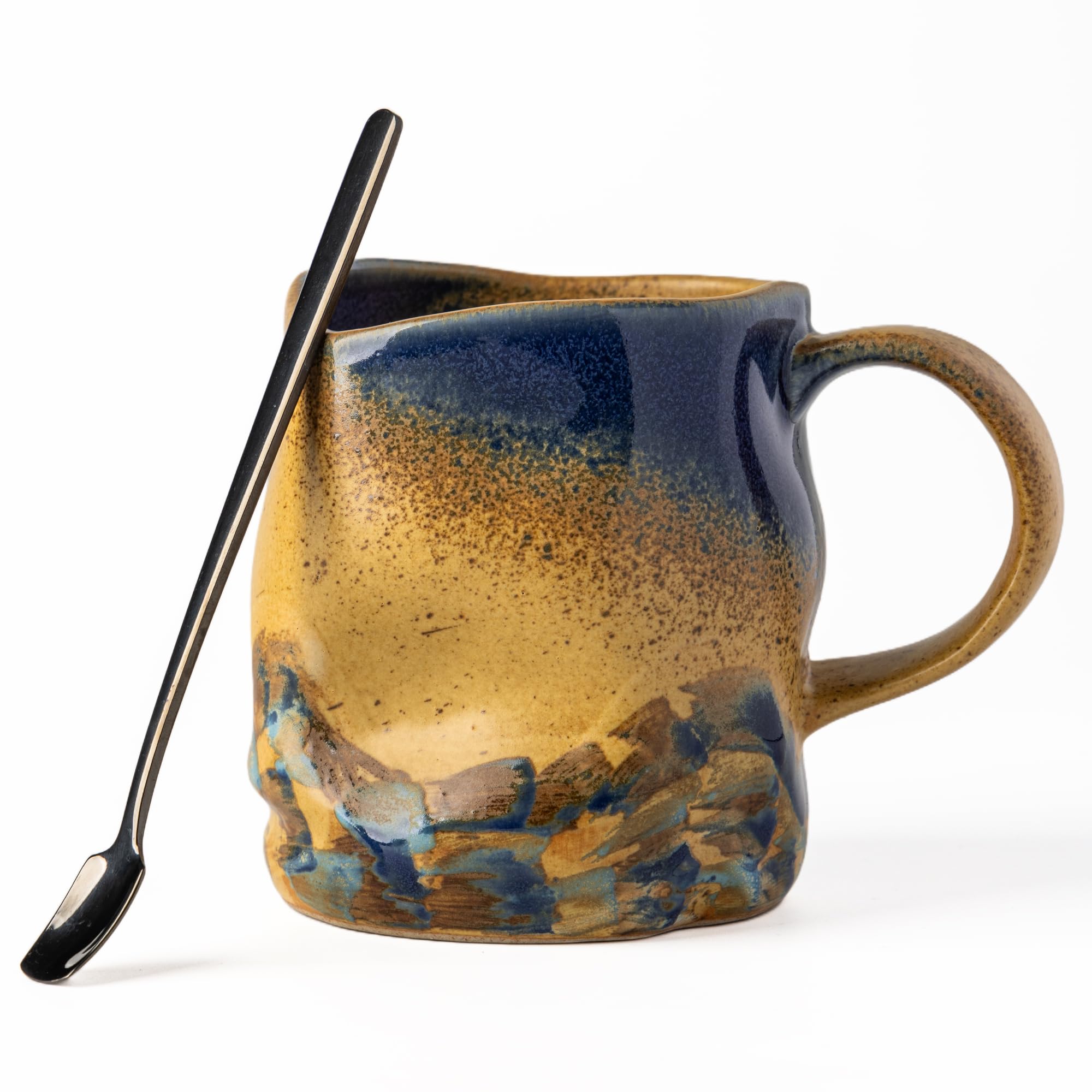 Tazas de café de cerámica hechas a mano, tazas con cuchara de café, 325 ml, taza de cerámica hecha a mano con asa, pintura a mano, tazas de té únicas de superficie desigual, aptas para