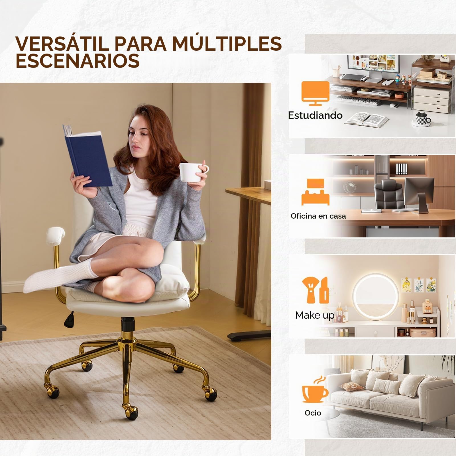 Bonnlo Silla de Escritorio, Silla ergonómica con reposabrazos, Silla ejecutiva, Silla giratoria, Regulable en Altura y Función de Inclinación, Oficina en Casa, Cuero PU, Blanco