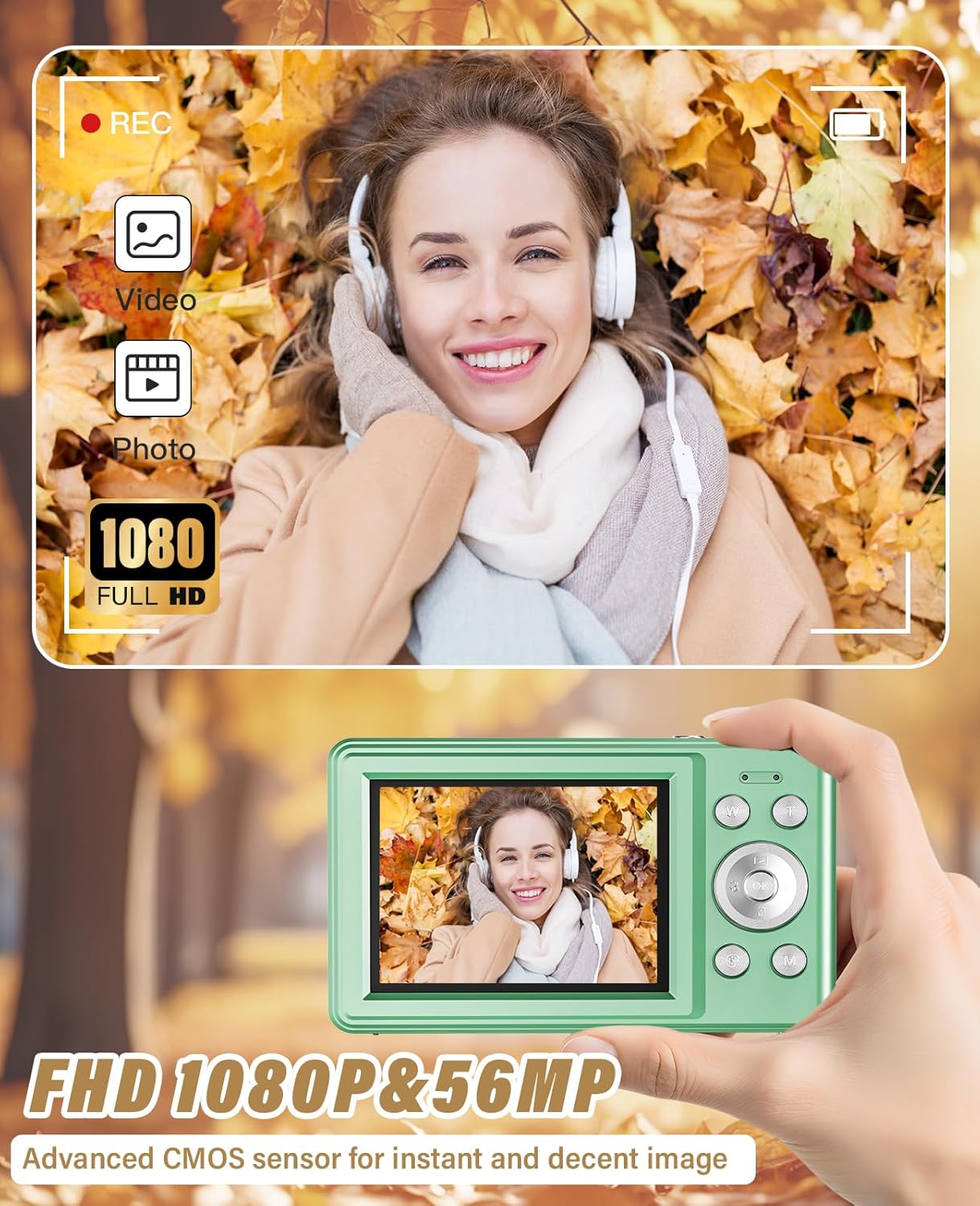 2025 New Digital Camera, 56MP FHD 1080P for Kids with 16x Digital Zoom Anti Shake, Face Detect, Smile Capture, 32GB TF Card, Battery, Lanyard, a Great Gift for Boys & Girls（Green）