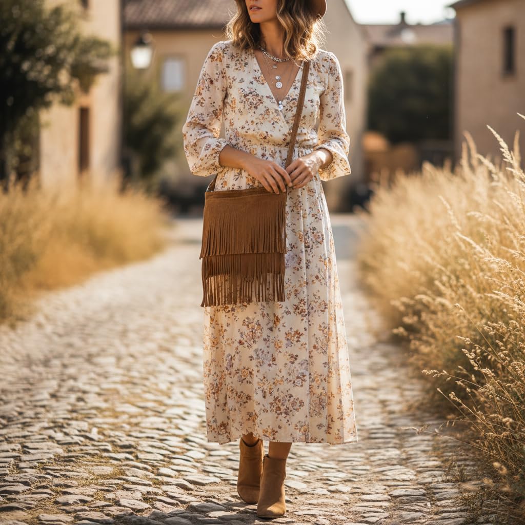 LiaTalia Womens Fringe Handbag - Real Italian Suede Leather - Tassle Effect Shoulder Bag in Small Size - Robin