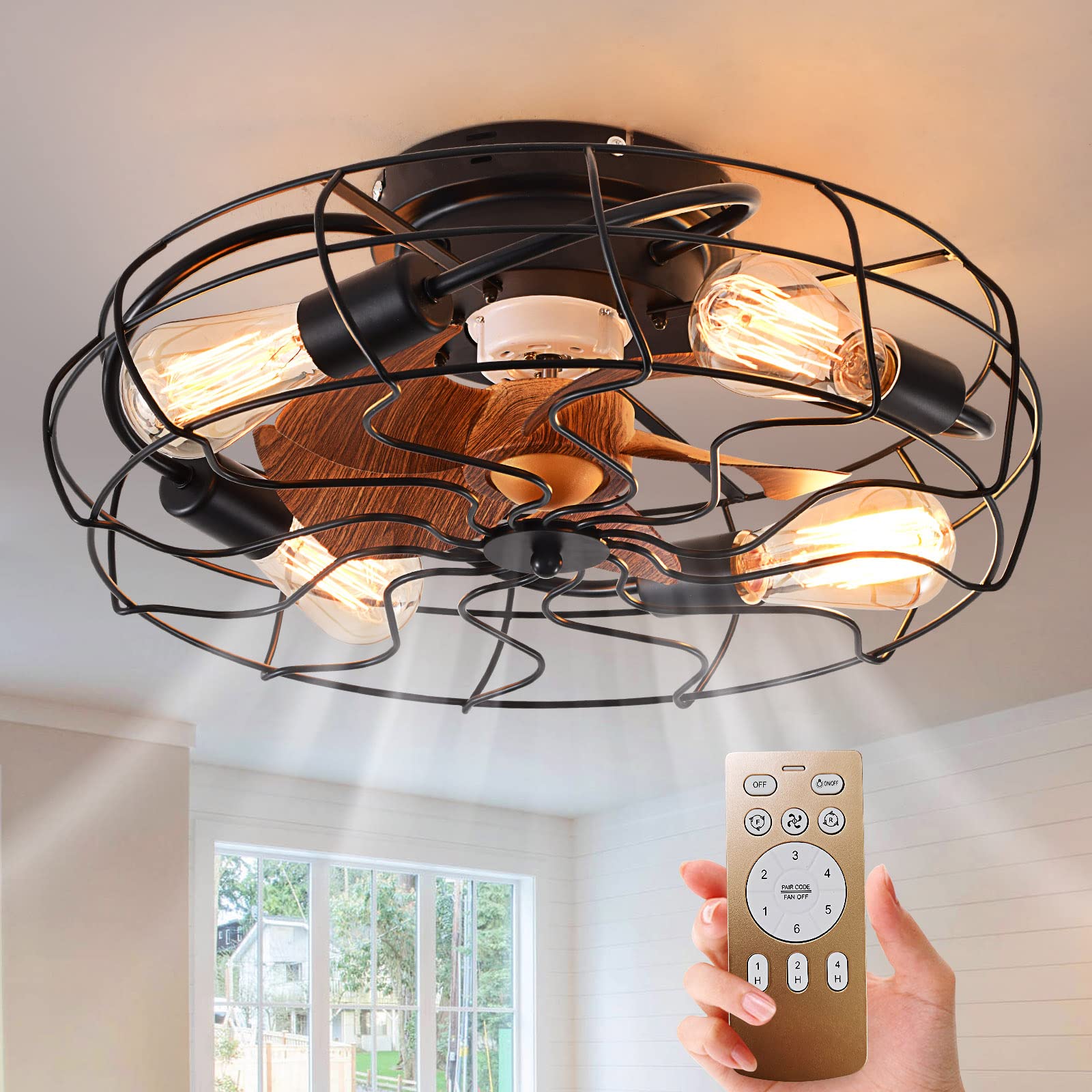 Buy 20 In Caged Ceiling Fan with Light, Low Profile Ceiling Fan Lights with Remote, 6 Speeds