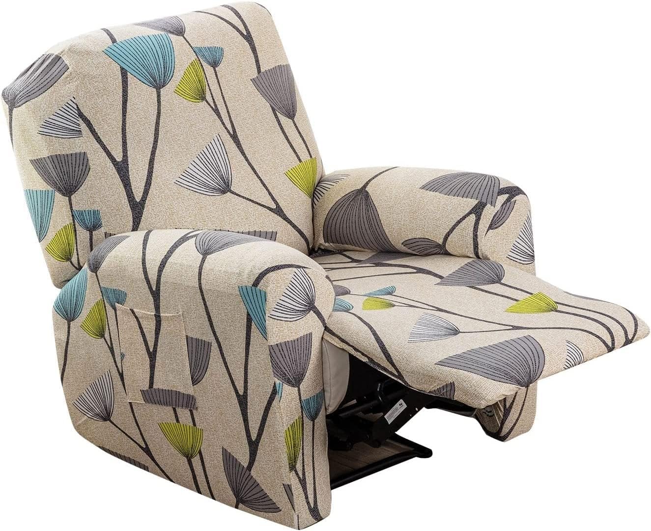 Recliner Slipcover Stretch Printed Lazy Boy Chair Covers 4-Pieces Floral Sofa Slipcover with Side Pocket for Rocking Recliner, Soft Furniture Protector (Color : Beige Dandelion)