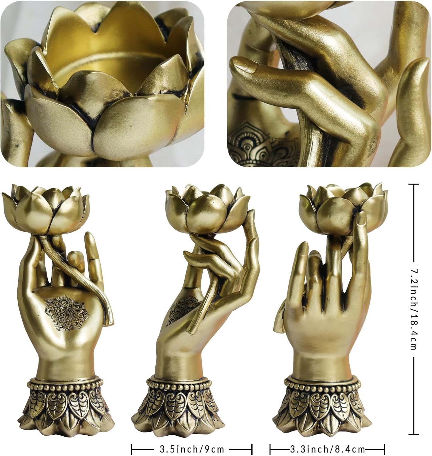 Pigort Lotus Tealight Candle Holder Meditation Decor Zen Statue for Home Table Self Office Living Room Bedroom Polyresin Home Decor Gold (Lotus in Hand)