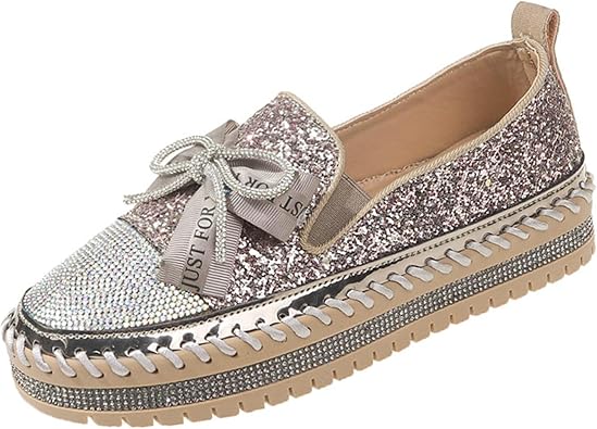 Womens Rhinestones Glitter Bow Platform Loafers,Fashion Casual Slip-On Sequin Shiny Sneaker,Comfort Round Toe Platform Slip On Walking Shoes