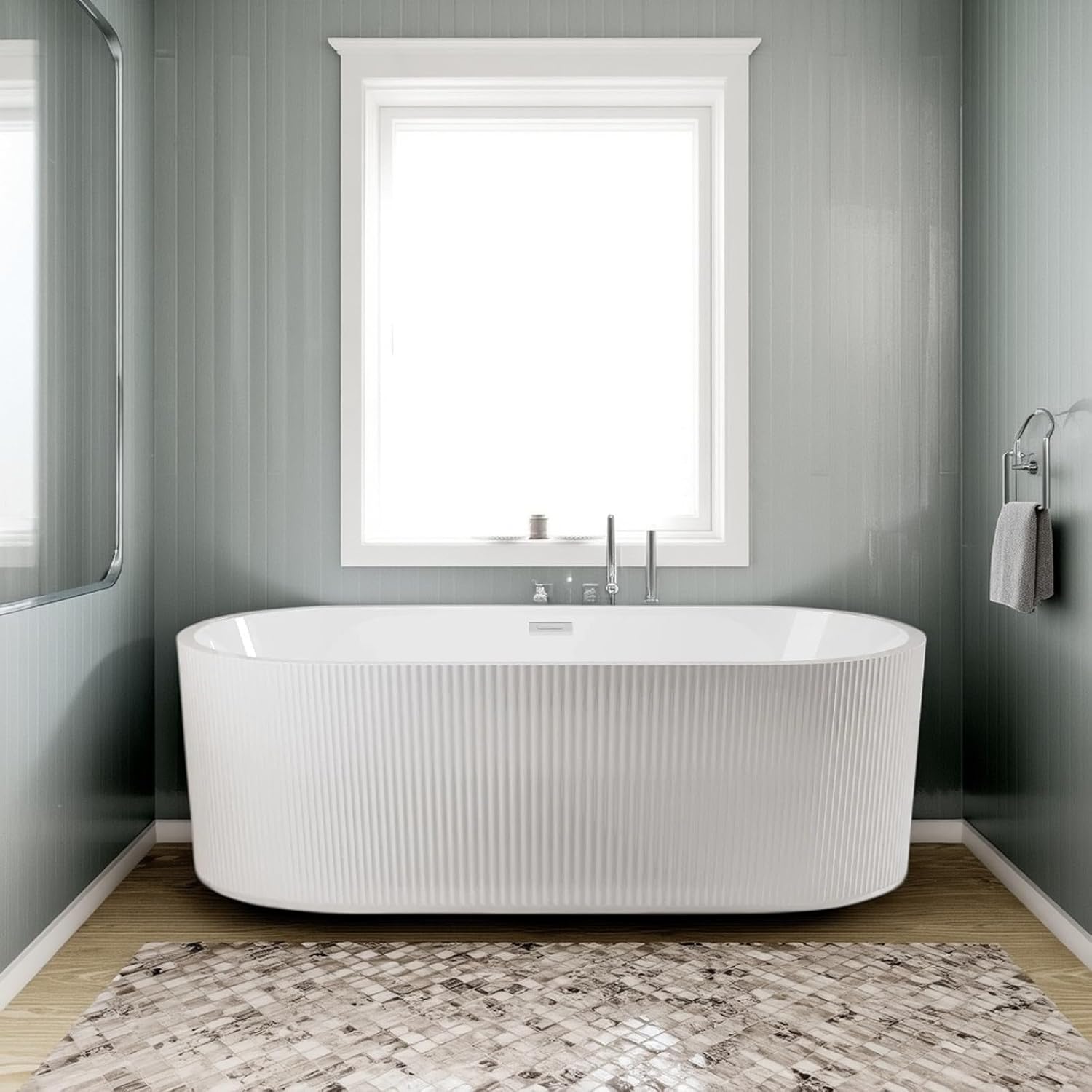 59" Freestanding Acrylic Soaker Bathtub, Fluted Style Free Standing Tub Glossy White, Pop-Up Drain, cUPC Certified - Spacious Stand Alone Tub