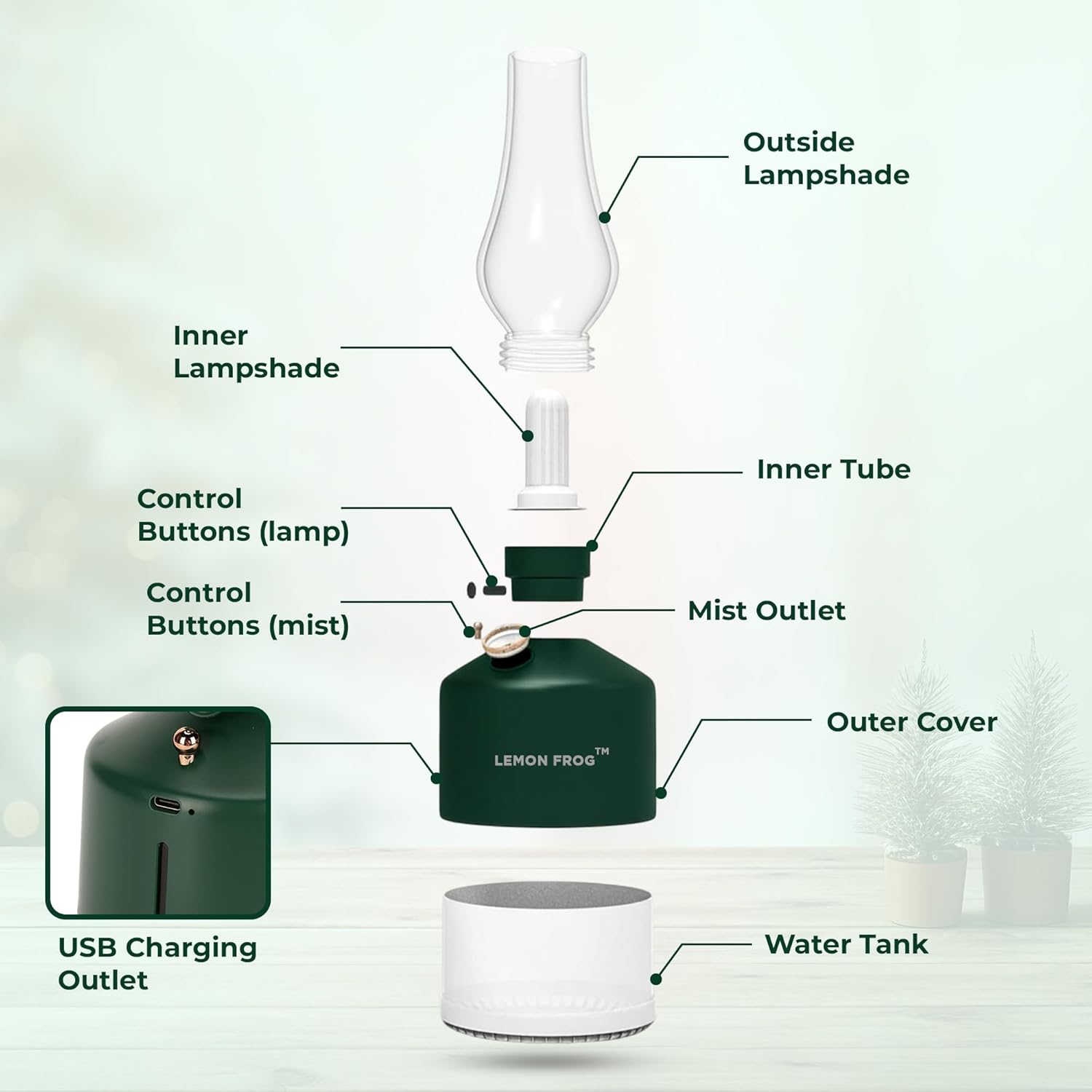Aroma Diffuser-Vintage LED Night Lamp with Timed Spray; 1200mAh Battery; Wireless; Colorful Lights; Fine Water Mist; Dimming Control; Two Level Spray Quantity; 280mL Capacity. (Matte Black)