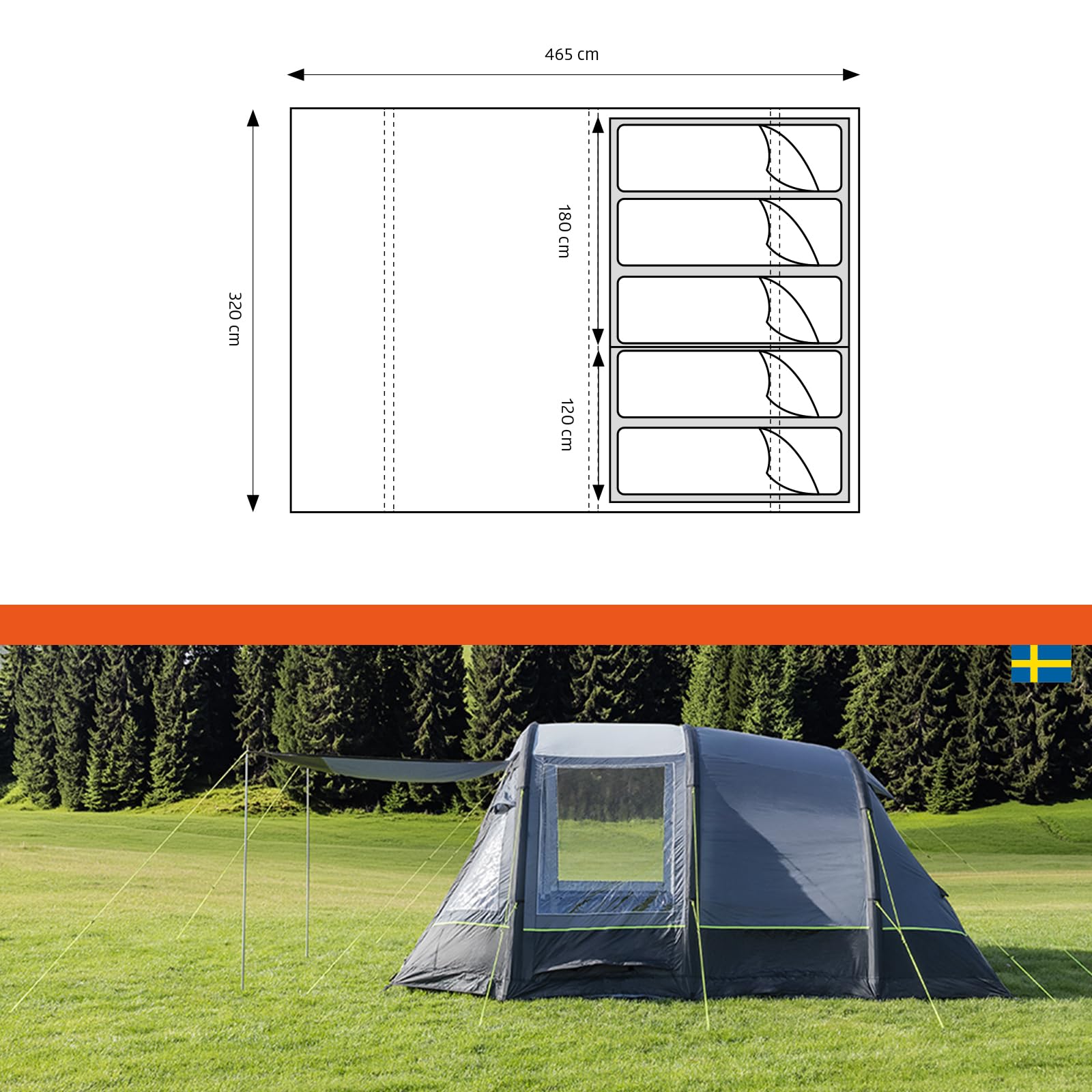 Campout Aufblasbares Tunnelzelt - Familienzelt - Luftzelt - Wasserdicht mit 5000 mm - Inklusive Pumpe, Bodenplane und vordach
