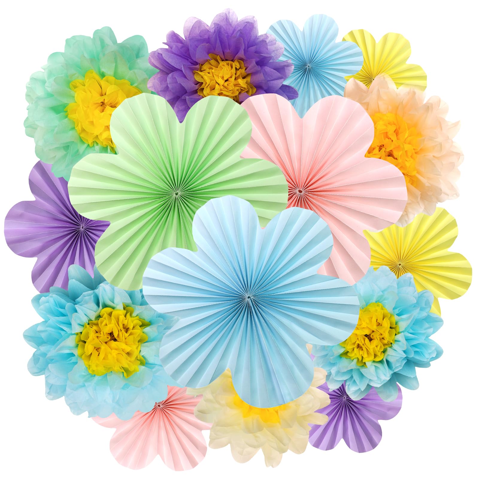 15 abanicos de papel de flores de papel azul y amarillo, flores de papel de seda para decoración de fiesta para graduación, cumpleaños, baby shower, boda, compromiso, decoración de pared (azul