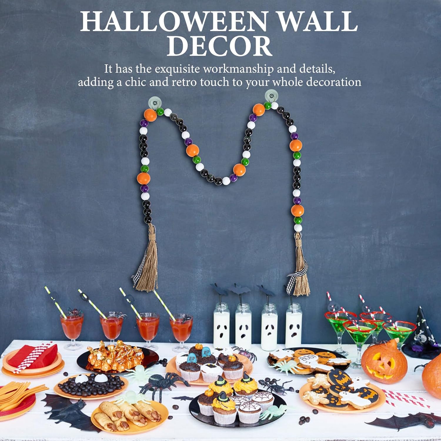 OSALADI Halloween Wooden Beads Garland with Black Cat Eye Tassel, Rustic Natural Wood Bead Pendant for Farmhouse Tiered Tray and Wall Hanging Décor