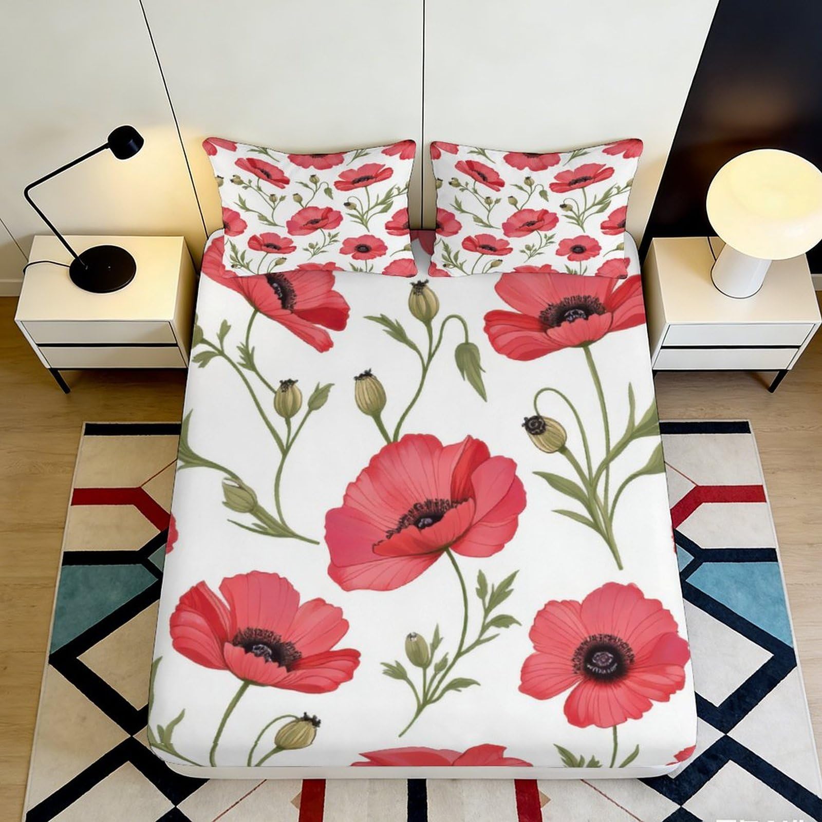 3D Printed Red Poppy Flower Fitted Sheet Microfiber Soft Bed Cover Artistic Bloom Bedroom Decor Mattress Protection 90x200x25cm