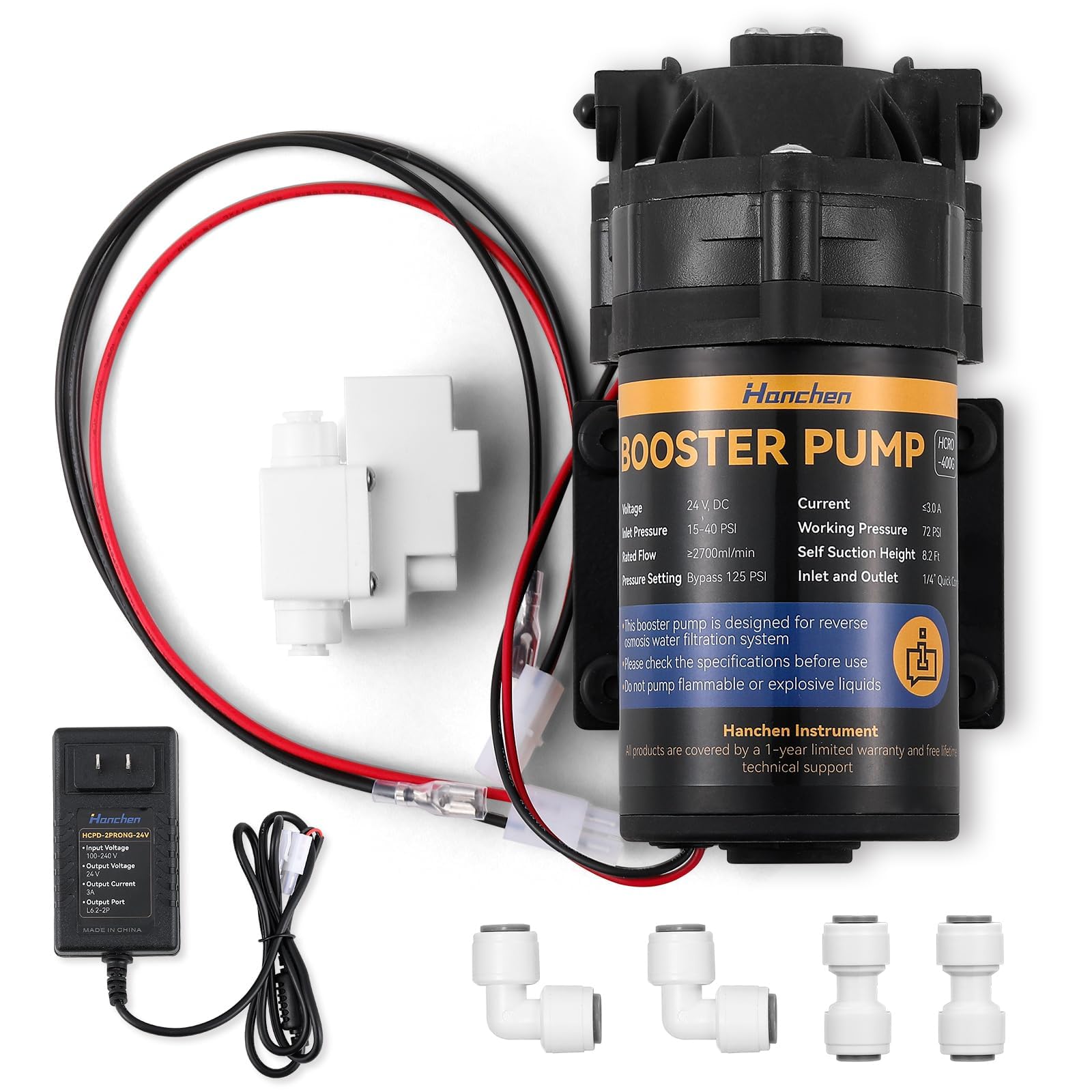 Hanchen 24V Set completo di pompa booster per sistema di purificazione dell'acqua RO domestico a osmosi inversa, design a connessione rapida, interruttore ad alta pressione (alta pressione)