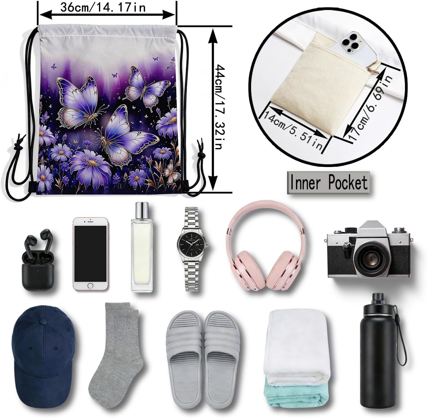 Purple Floral Butterfly Dual-Sided Print Drawstring Bag image 2