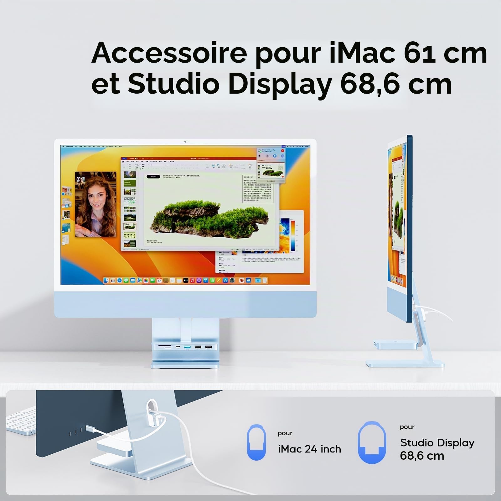 USB C Hub pour iMac M1/M3/M4 24" 2021/2023/2024 et Studio Display 27", Accessoire avec USB A/C 10Gbit/s, SD/TF, Bleu (Sans Boîtier SSD)