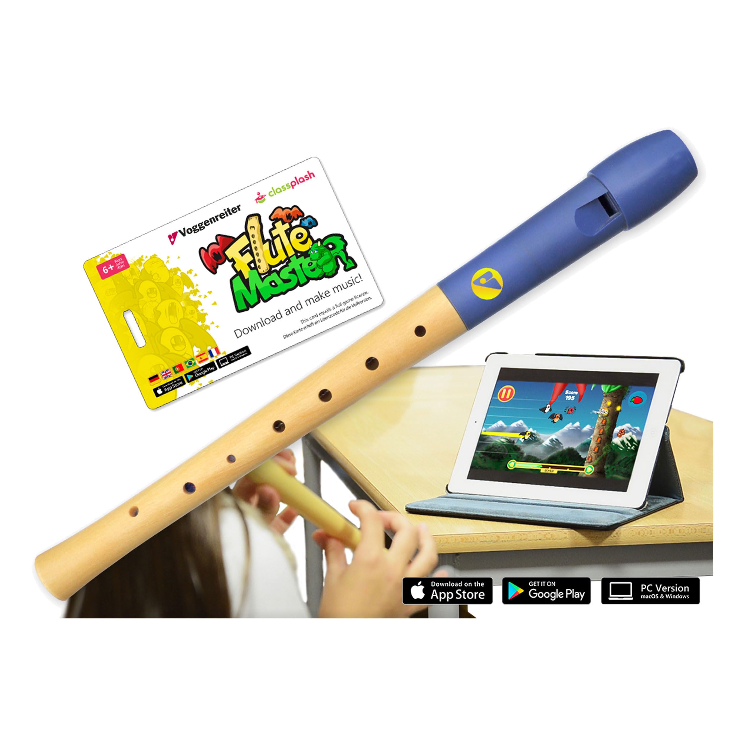 Voggenreiter Recorder made children from 6 years and beginners including master (learning software app) -German fingering flute head, Blue/natural-wood/plastic (1142)