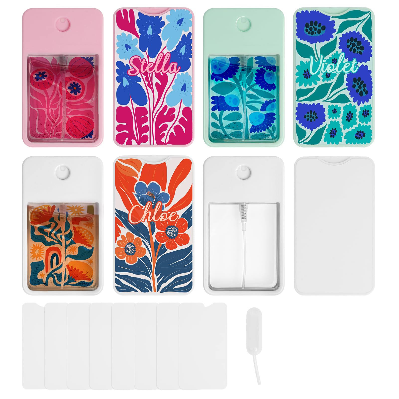 PYD Life 6 Pack Sublimation Blanks Card Perfume Spray Bottle 1FL. OZ 30 ml Mixed Color, Portable Refillable Travel Mist Sprayer with 8 PCS