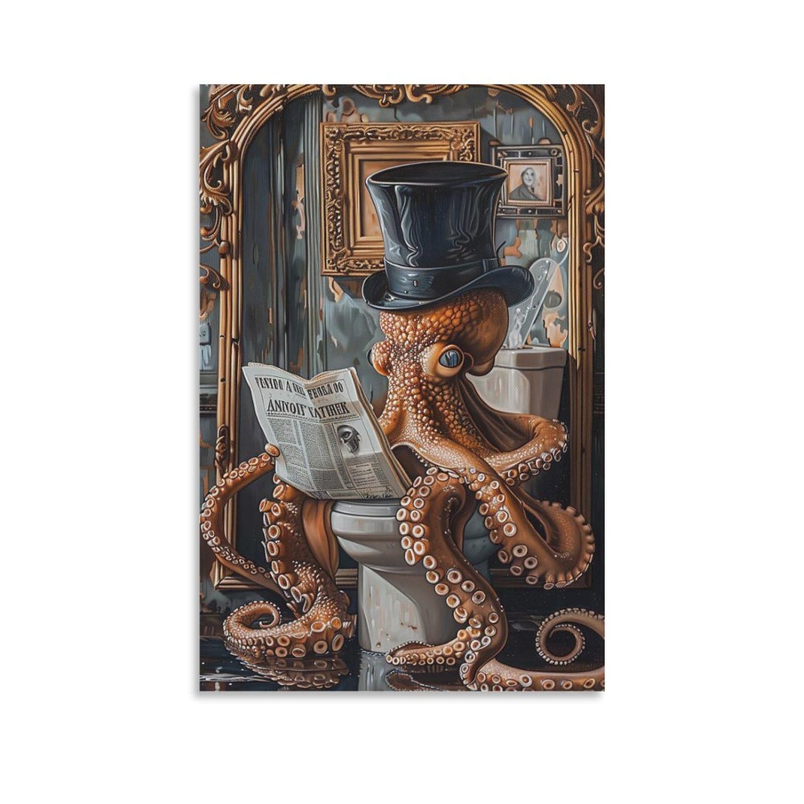 Wlqzfrwv Vintage Octopus On Toilet Poster Canvas Poster Bedroom Decor Landscape Office Room Decor Gift 12X18inch(30X45cm)