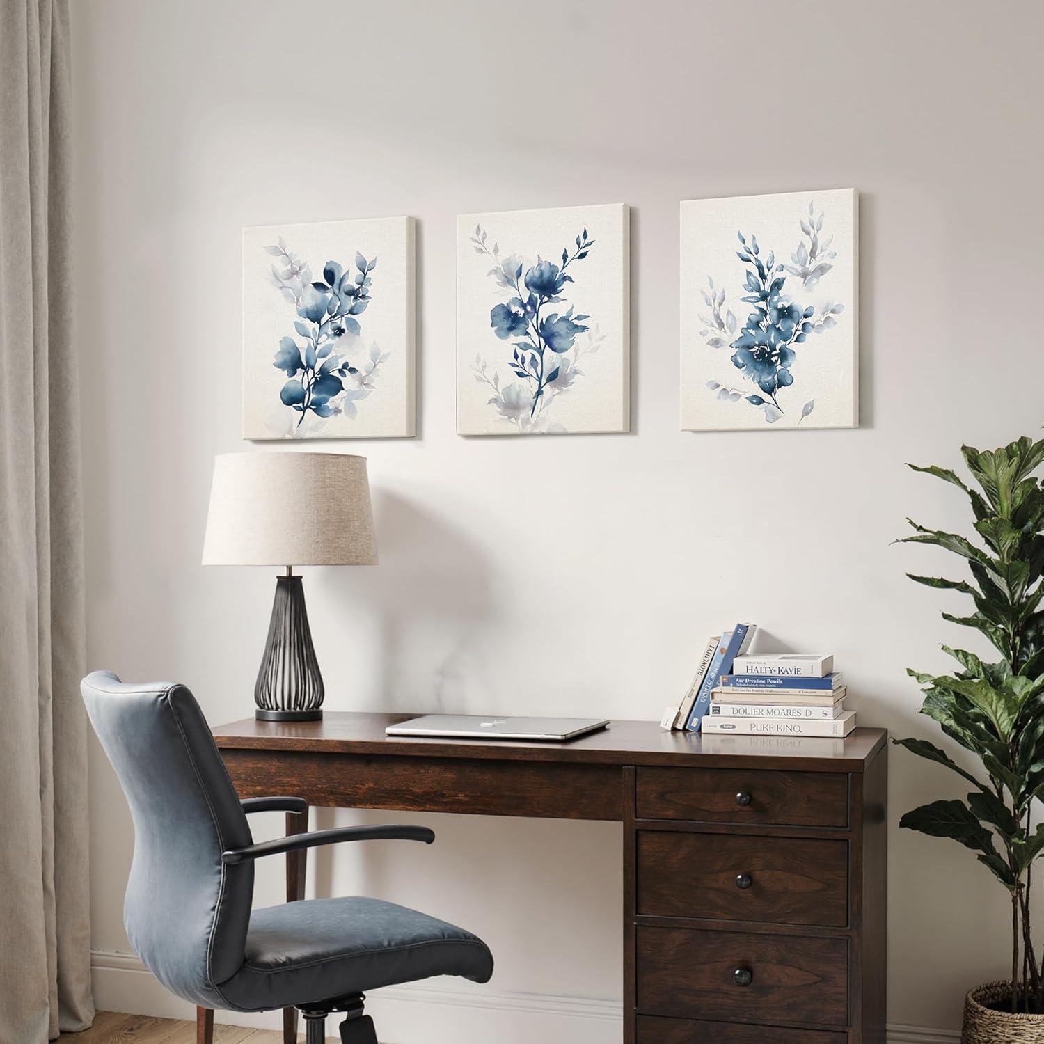 takfot Flower Wall Art Prints Modern Blue Floral Painting Watercolor Picture Framed Home Decor Botanical Artwork Ready to Hang for Bedroom Bathroom Living Room 1216 Inch, Set of 3