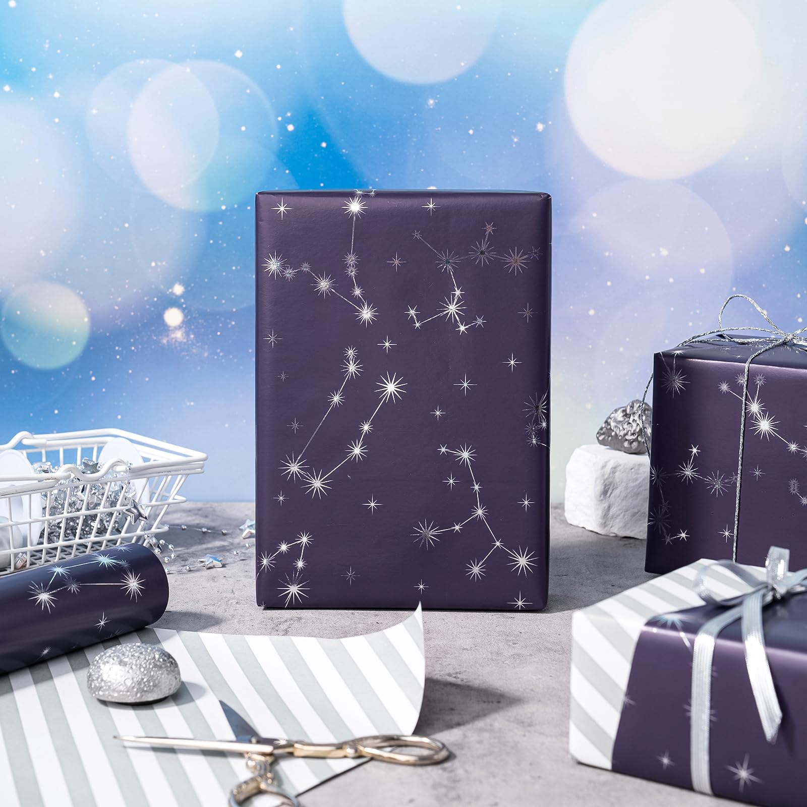 WRAPAHOLIC Papier cadeau Jumbo Constellation – 76,2 cm x 10 m – Papier cadeau bleu marine pour enfants, femmes, hommes, anniversaire, mariage, fête prénatale, fête prénuptiale