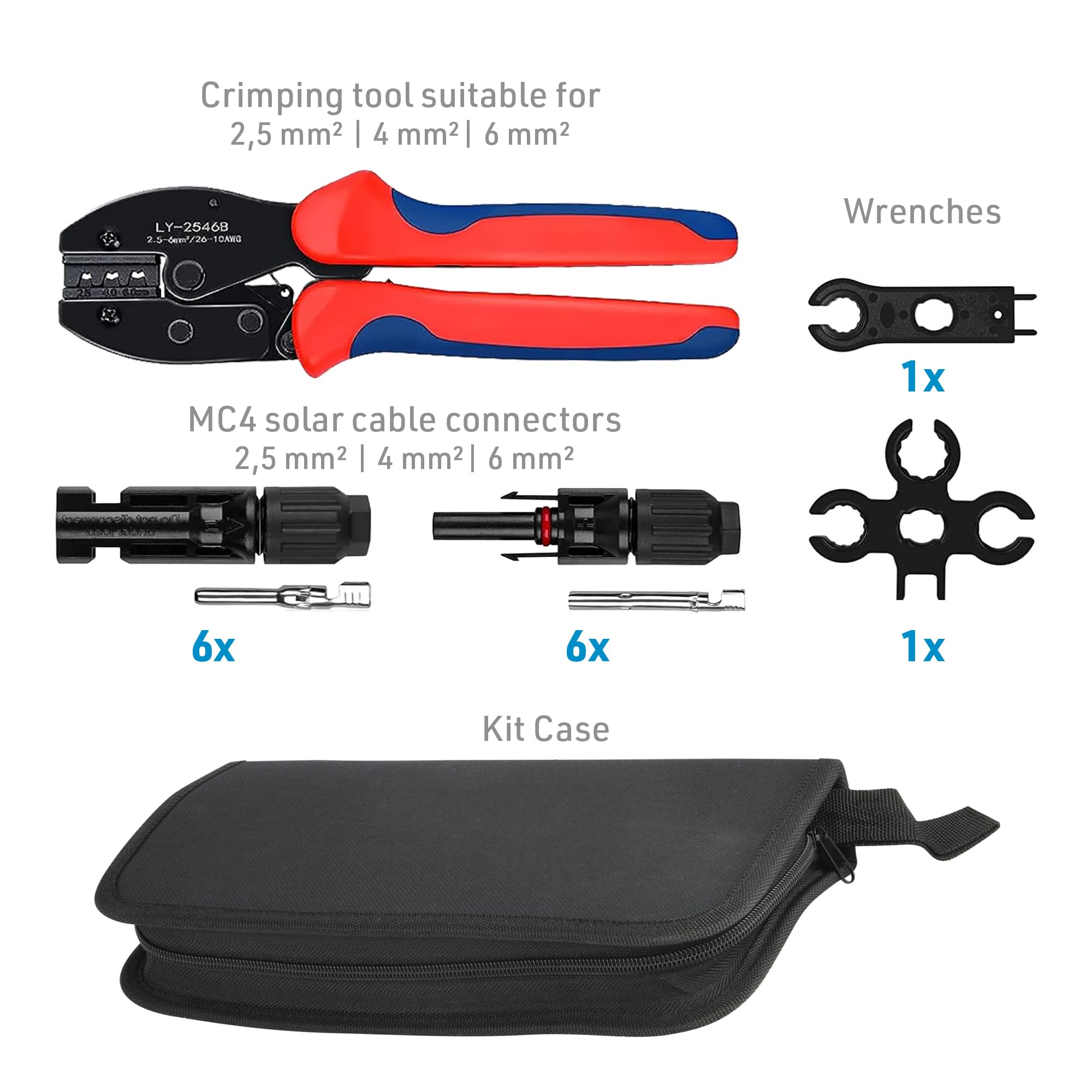 Electraline 59232 Kit pinza e connettori per pannelli fotovoltaici, pinza crimpatrice solare per cavi con sezione 2.5-4-6mm, 6 connettori completi MC4 (mascio+femmina+terminale), 2 chiavi, e borsa zip