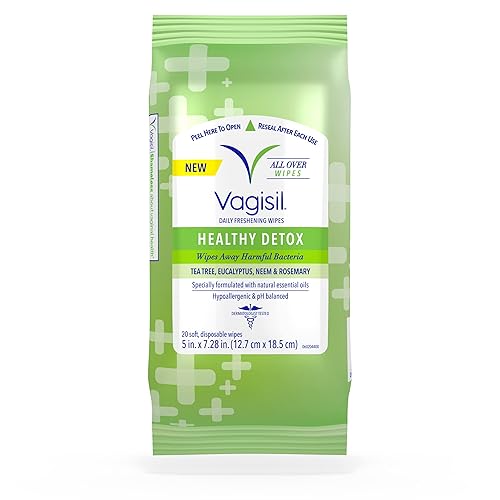Vagisil Toallitas desintoxicantes saludables, para limpieza completa, formuladas con aceites esenciales, 20 toallitas en una bolsa resellable