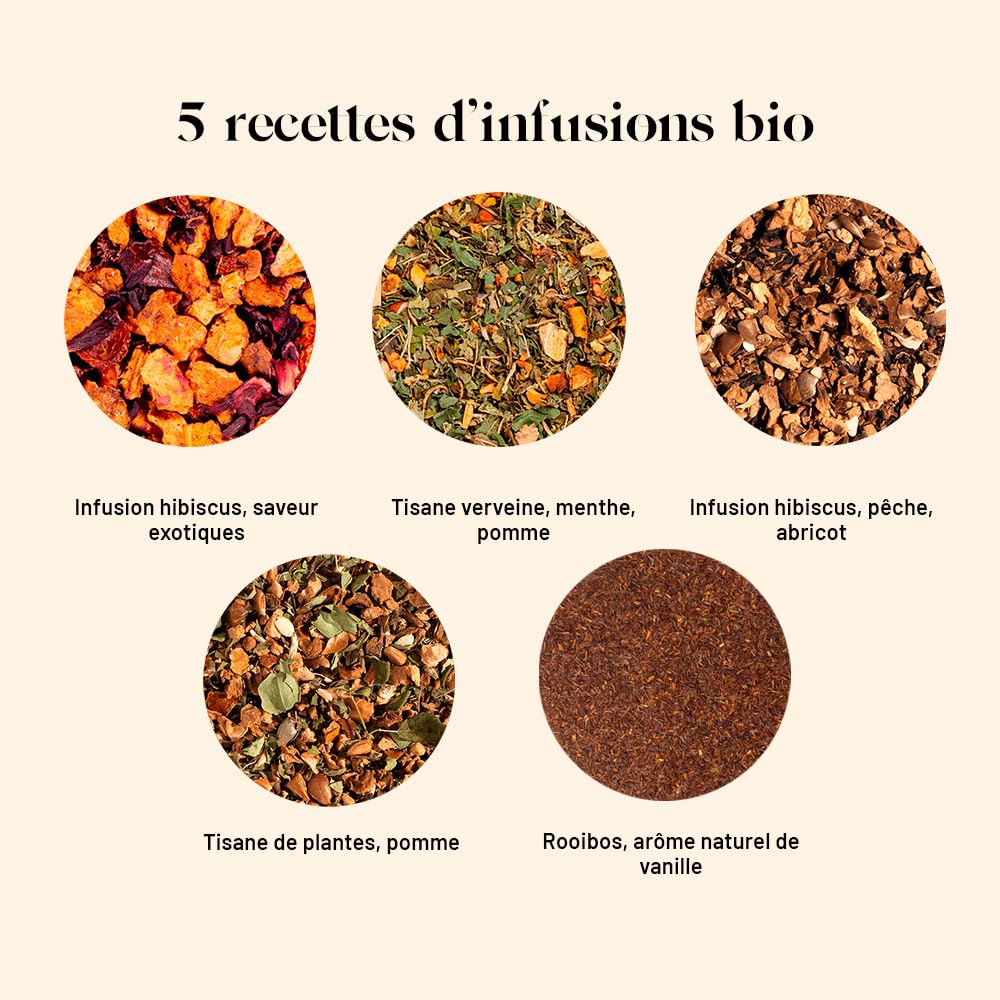 Kusmi Tea - Coffret "Les Infusions" + Pince à Thé - Assortiment de Thés Bio - Idée Cadeau Homme et Femme - Infusions, Tisanes Aromatisées, Rooibos - Notes de Fruits et d'Épices - 5 Boîtes de 25g