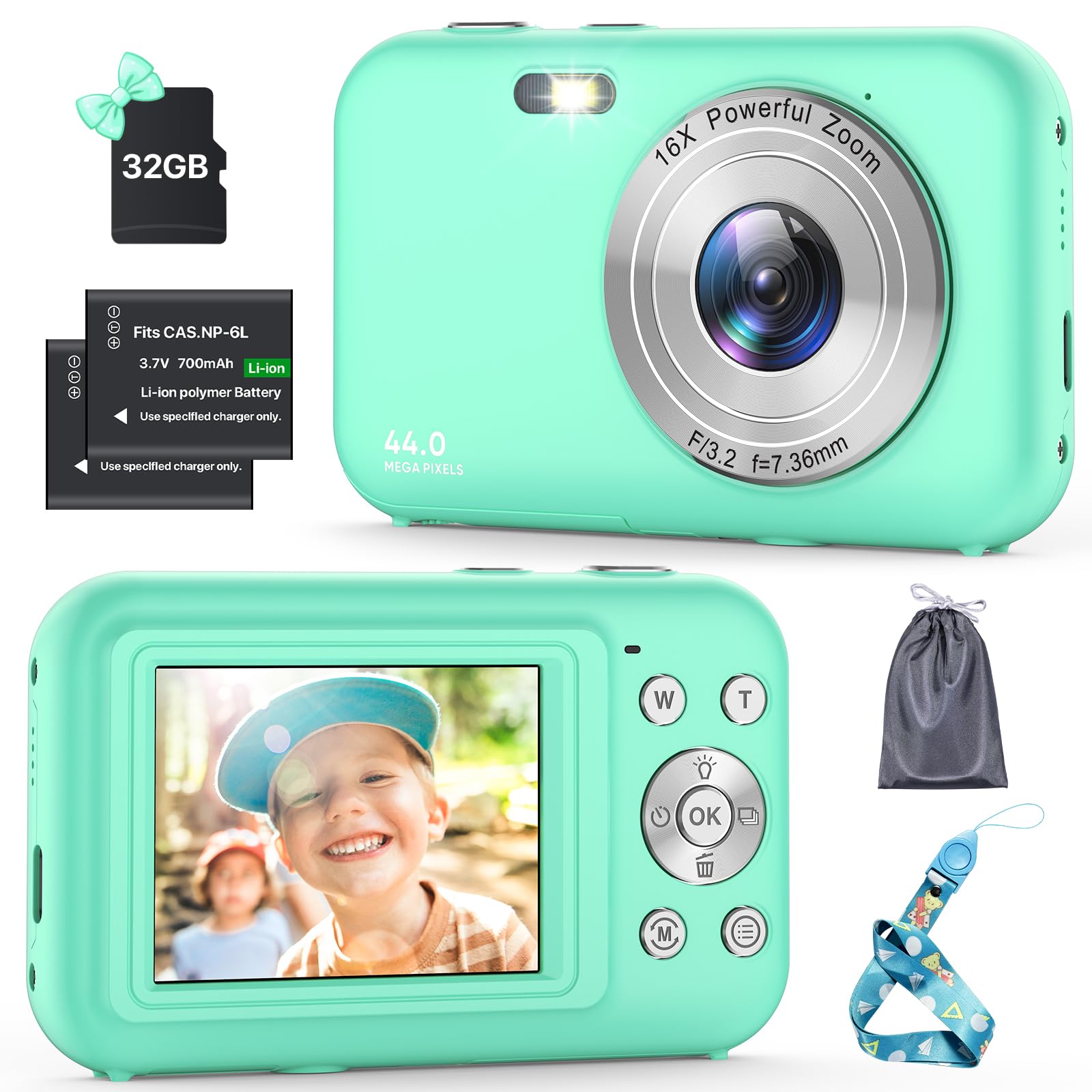 Fotocamera Digitale Compatta con scheda da 32GB, 1080P 44MP Macchina Fotografica Digitale con Zoom Digitale 16X Flash e 2 Batterie, Ricaricabile Fotocamera per Bambini, Adulti, Principianti (Verde)