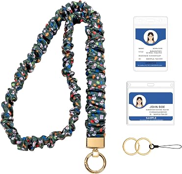 Scrunchie Christmas Lanyards for Teacher, Cute Retractable Lanyards for ID Badges with Phone Lanyard & Keychain for Teachers, Nurses, Office & School D