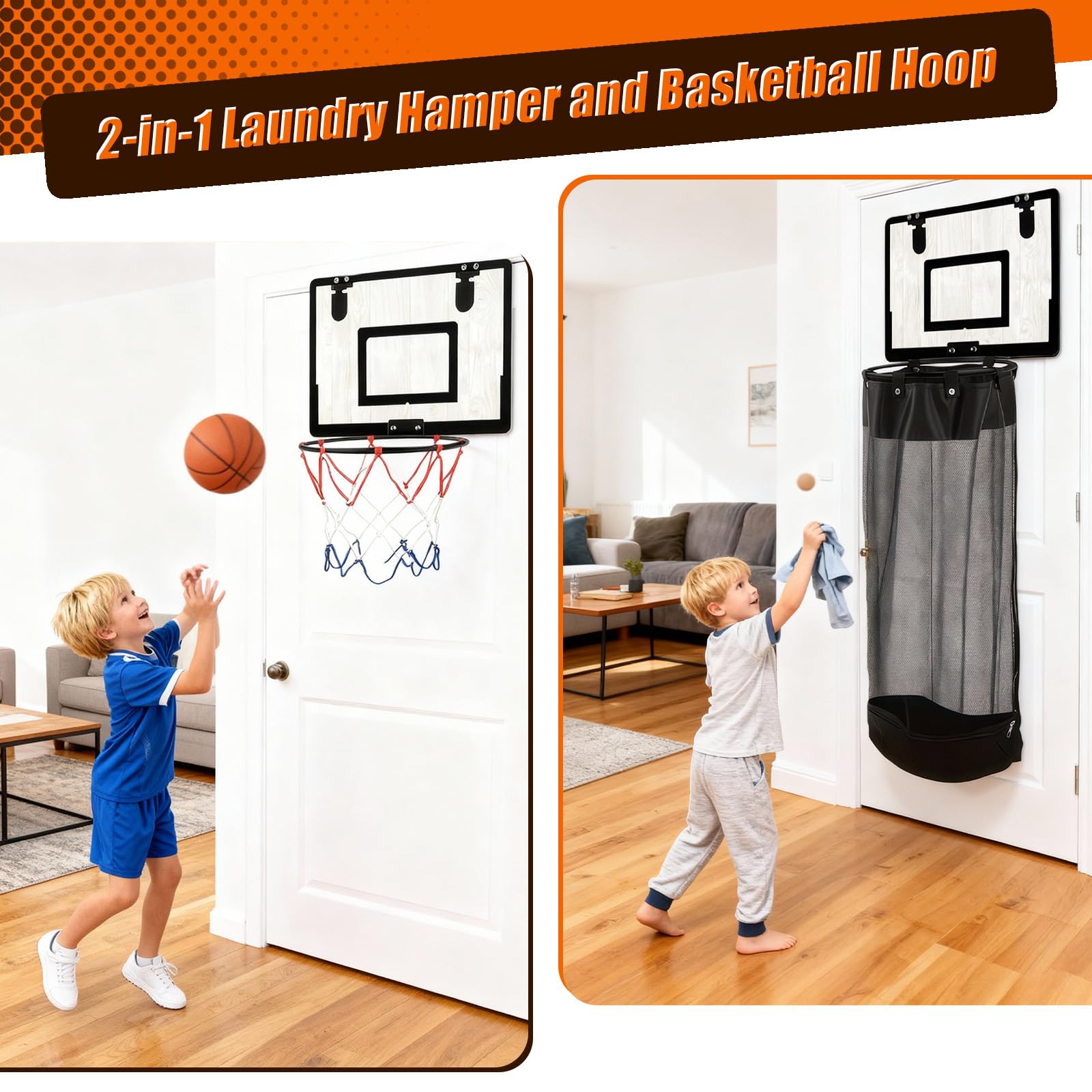 2-in-1 Basketballkorb Wäschekorb Hängender Mini Basketball Korb Tür Wäschesammler aus Holz mit Reißverschluss für Zimmer Badezimmer Wohnheim, Geschenk für Kinder und Erwachsene