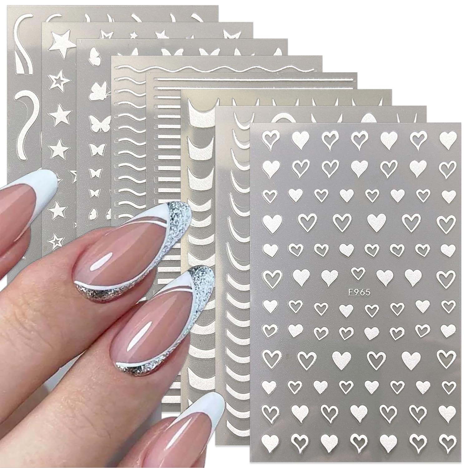 DANNEASY 8 Sheets White Nail Art Stickers - French Tips, Stripe & Holographic Nail Decals - Self-Adhesive Nail Design Stickers for Acrylic Nails