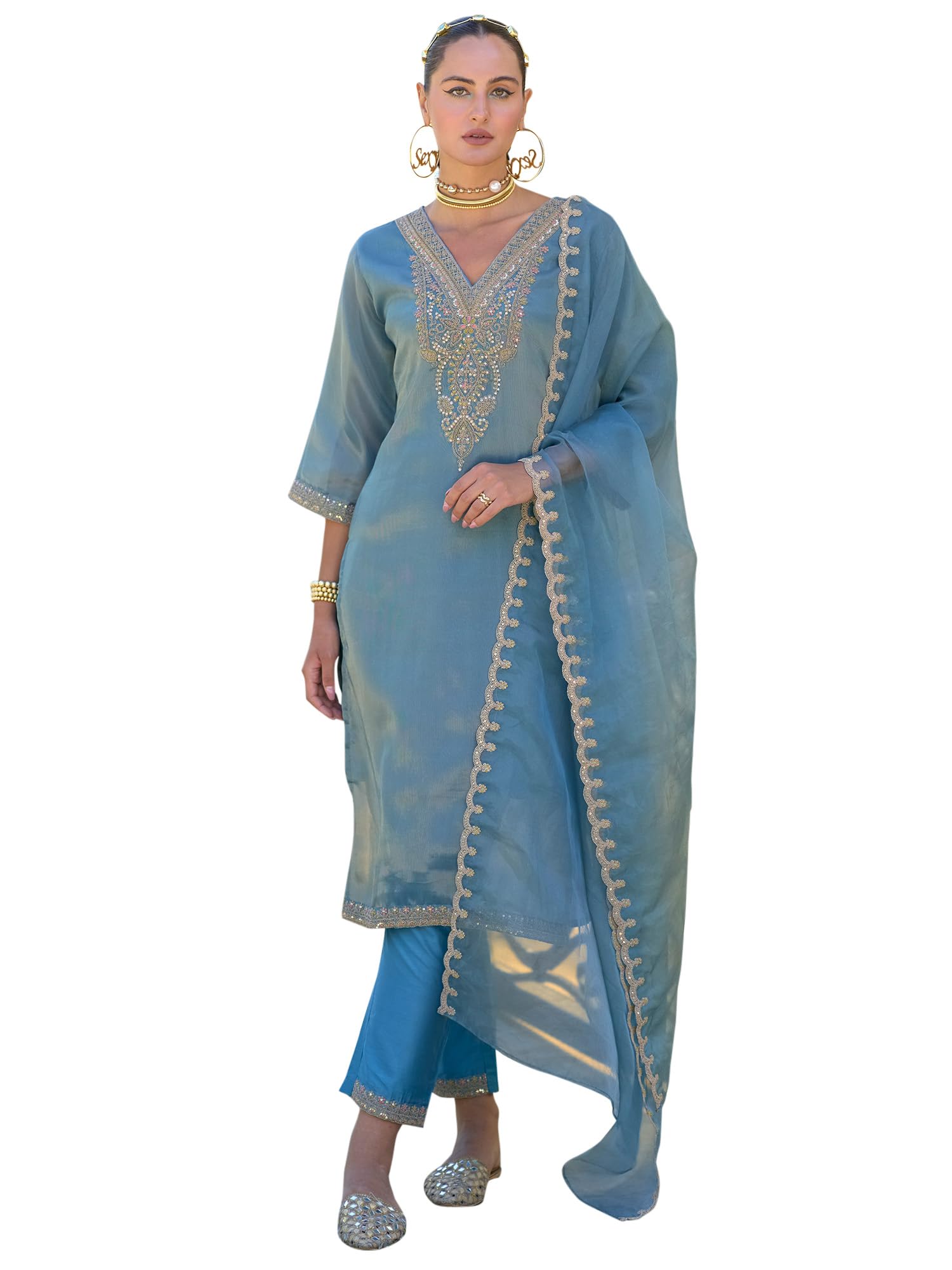 indo era Women's Black Silk Blend Embroidered Straight Kurta & Pant with Dupatta Set (KH9BK6210)-picture-55