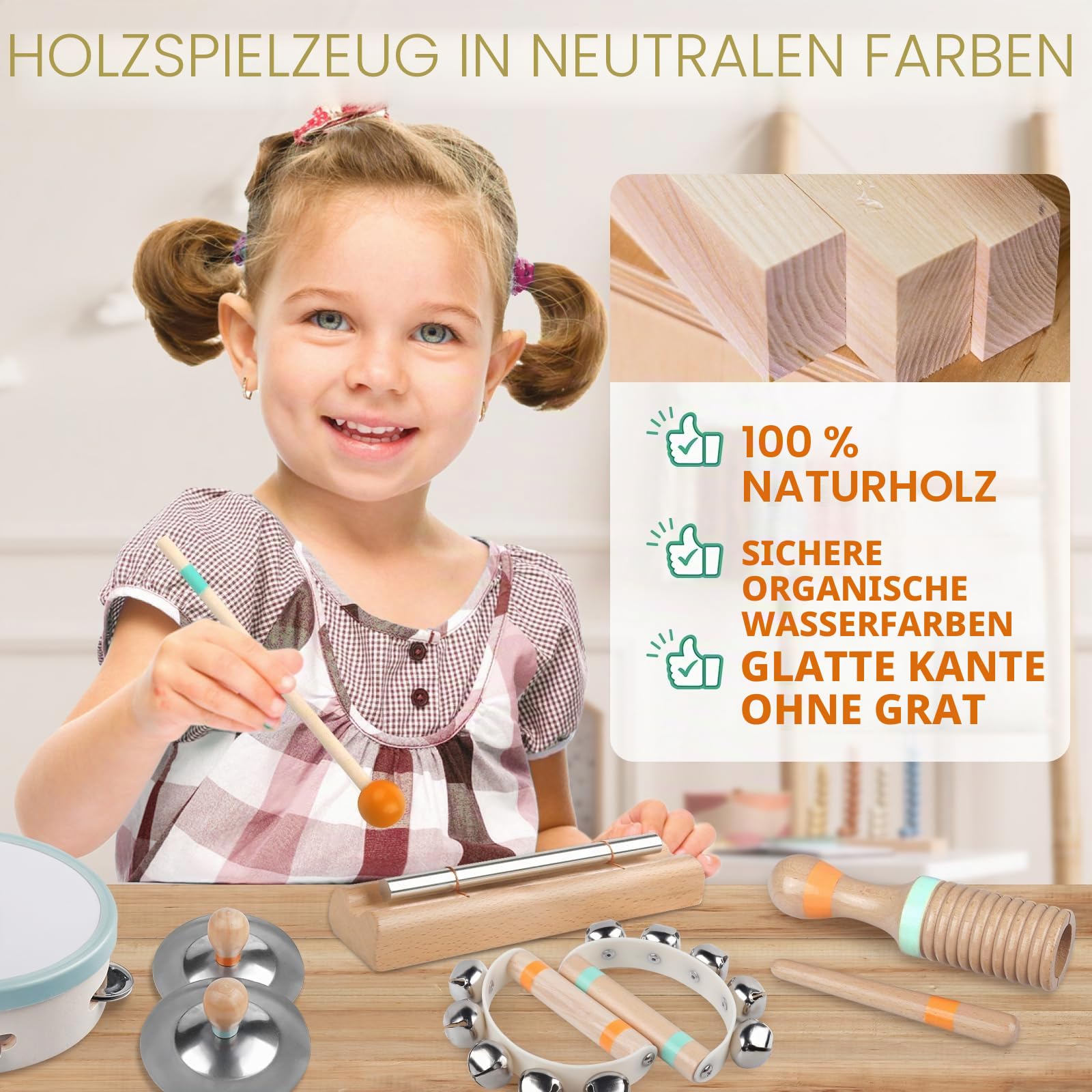 Baby Musical Instruments – Montessori Musical Toys for Toddlers, Wooden Percussion Instruments Set, Neutral Colors Music Learning Toys, Kids Preschool Educational Birthday Gifts