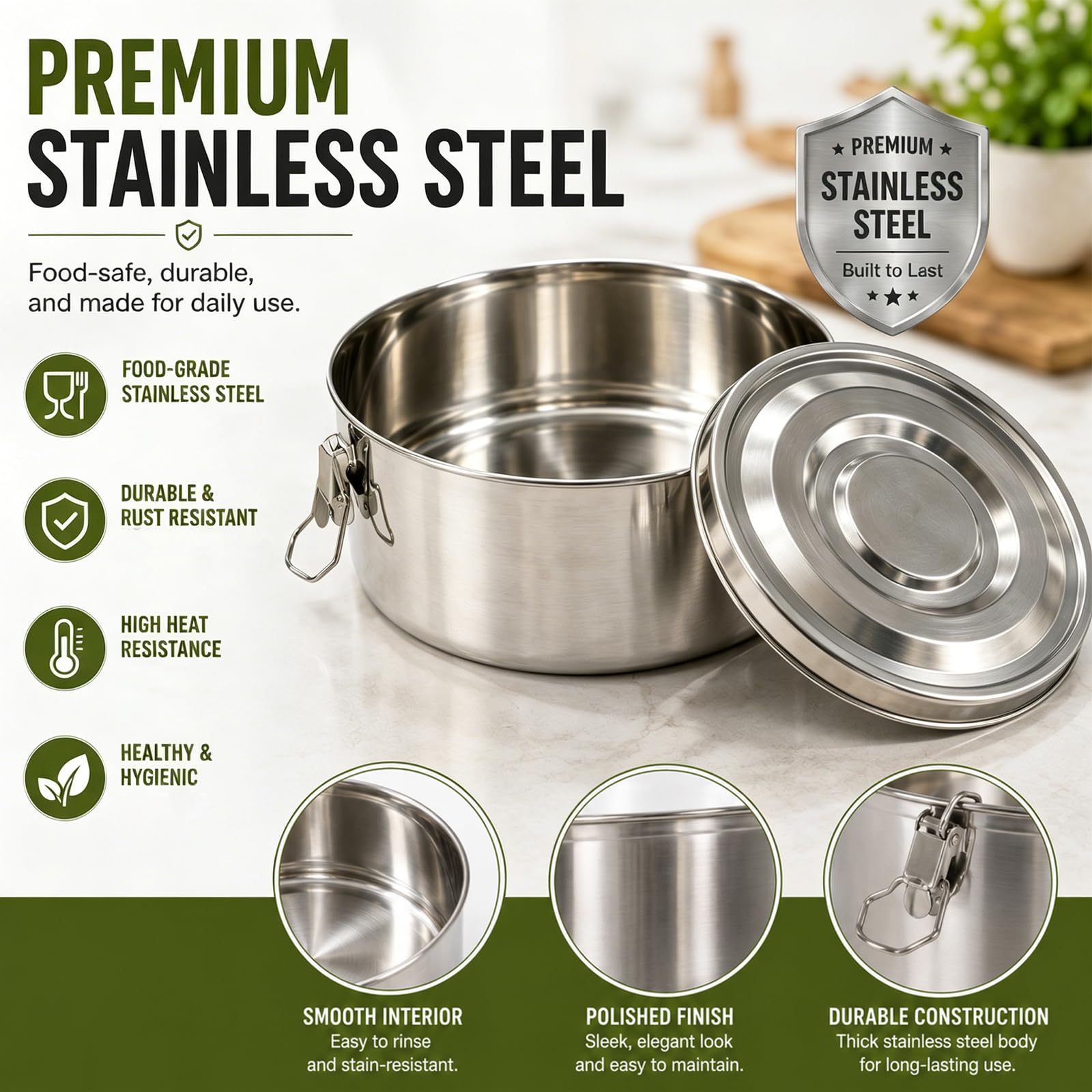 4 Piezas Ronda Fiambrera de Acero Inoxidable con Tapa Bento Box | para Comida Trabajo Escuela Picnic,660ml+1040ml+1590ml+2200ml,Lunch Box Stainless Steel,Lonchera Metalica Sellada Hermetica