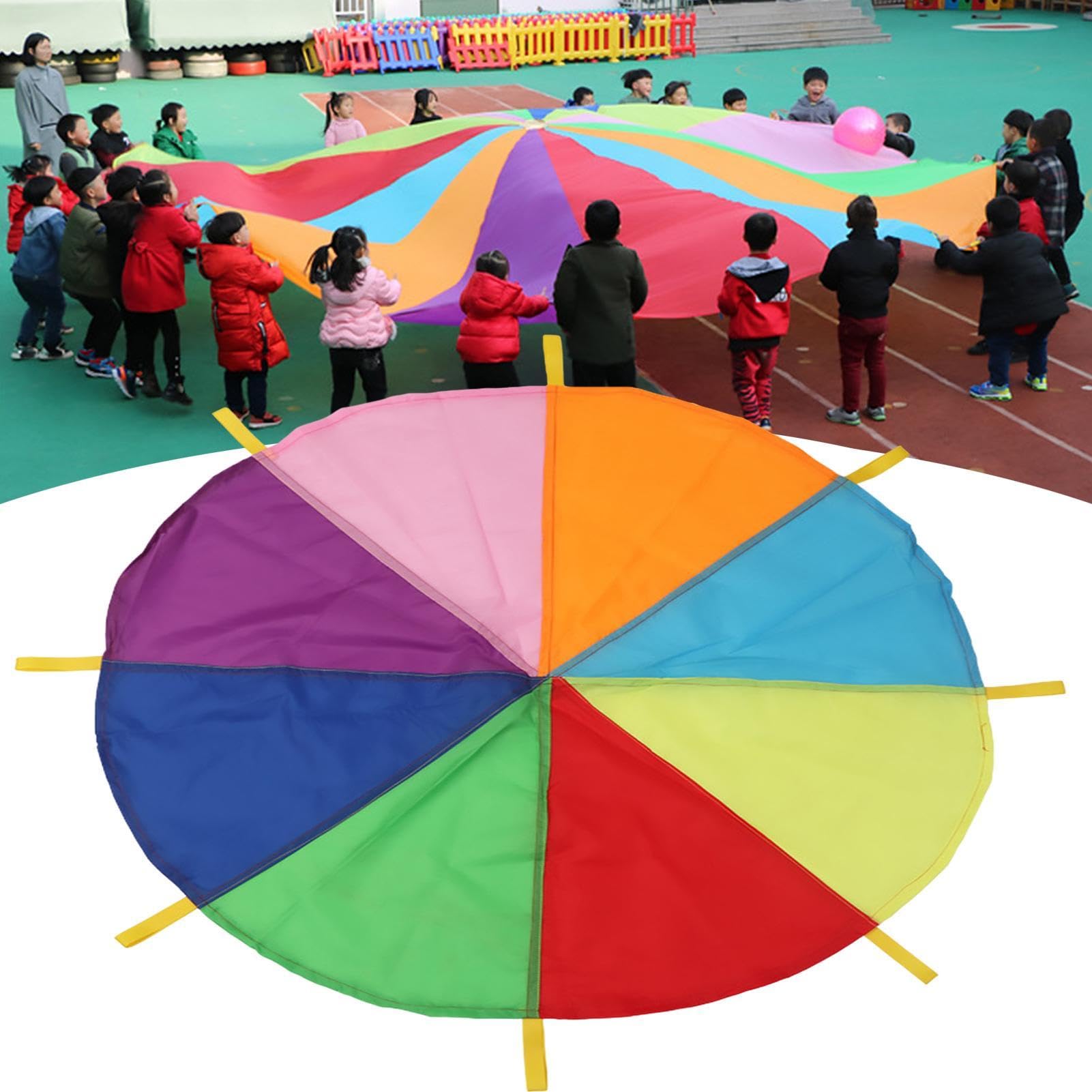 Paracadute Rainbow Gym - Paracadute all'aperto 5 m con manici sensoriali, giocattolo di attività di gruppo in nylon leggero, attrezzatura per esercizi, gioco di coordinamento della Po