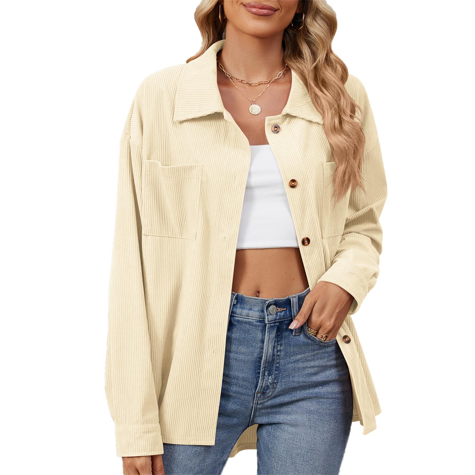Camicia da donna in velluto a coste button down oversize a maniche lunghe