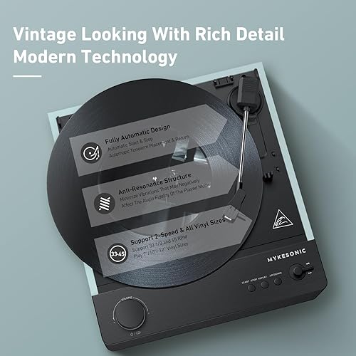 Miniatura 10 de MYKESONIC - Tocadiscos de vinilo de alta fidelidad con altavoces estéreo, tocadiscos de transmisión por correa totalmente automática,