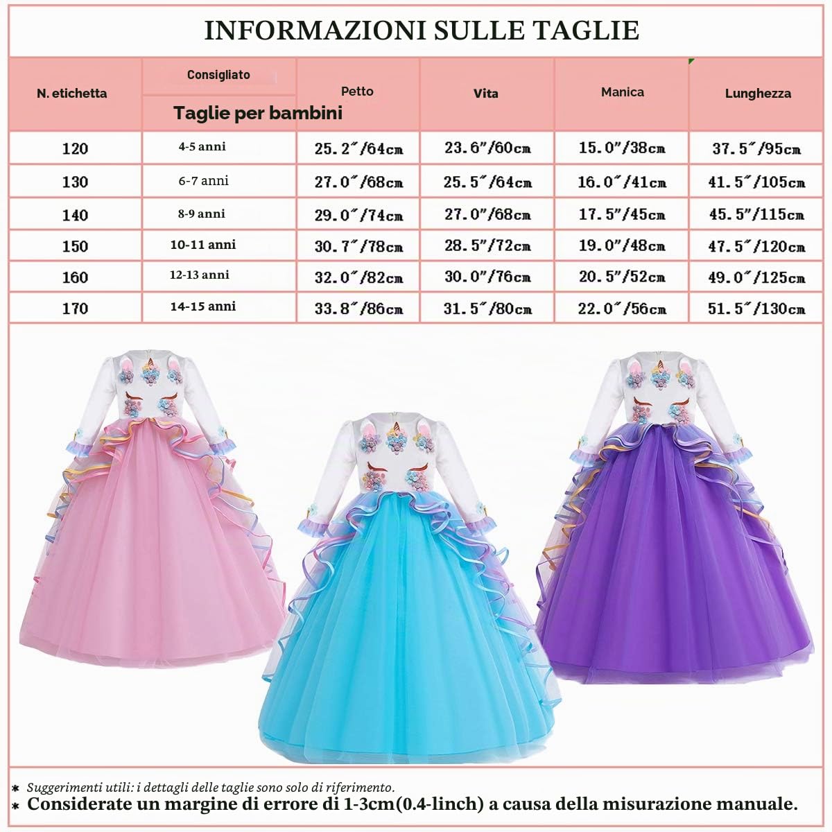 Vestito da Principessa Unicorno Bambina Costume di Carnevale Ragazze Maniche Lunghe Abiti per Compleanno Natale Festa Halloween Cosplay Cerimonia Nozze con Cerchietto