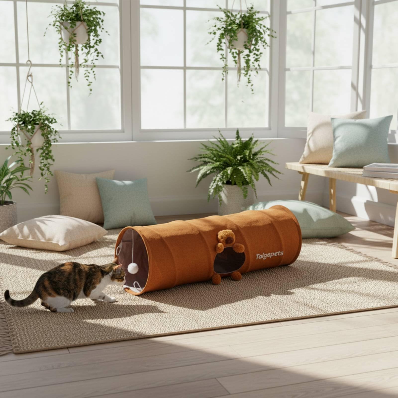 Tunnel pour Chat Tunnel de Jeu Tunnel Interactif Tunnel Pliable Doublure Confort Style Suédine Structure Stable Se Plie Rapidement Stimule Rampement, Marron, Petit 80cm