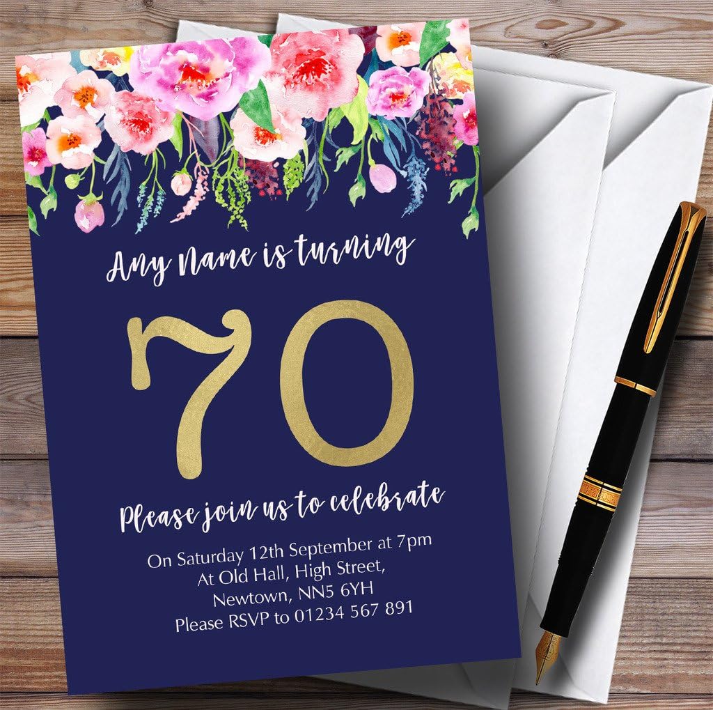 Blue & Pink Watercolour Flowers 70th Personalized Birthday Party Invitations