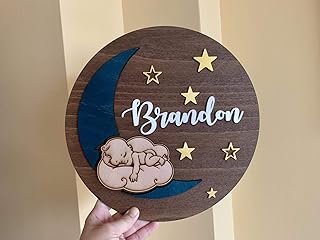 Personalized Nursery Name Sign, Custom Baby Name, Round Wood Hanging Sign, Wall Art Decorations, Baby Shower Gift, Kids Room Decor, Moon & Stars, Sweet Sleeping Baby, Above Crib Plaque, Photo Prop
