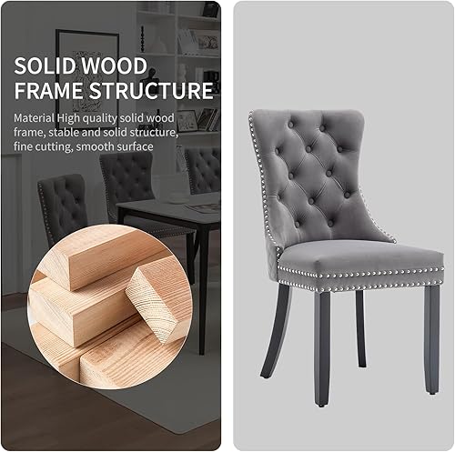 Miniatura 5 de Juego de 4 Sillas de Comedor de Terciopelo Systemkenji, Sillas Tapizadas para Comedor con Adornos de Clavos, Sillas de Cocina de Madera para Gris