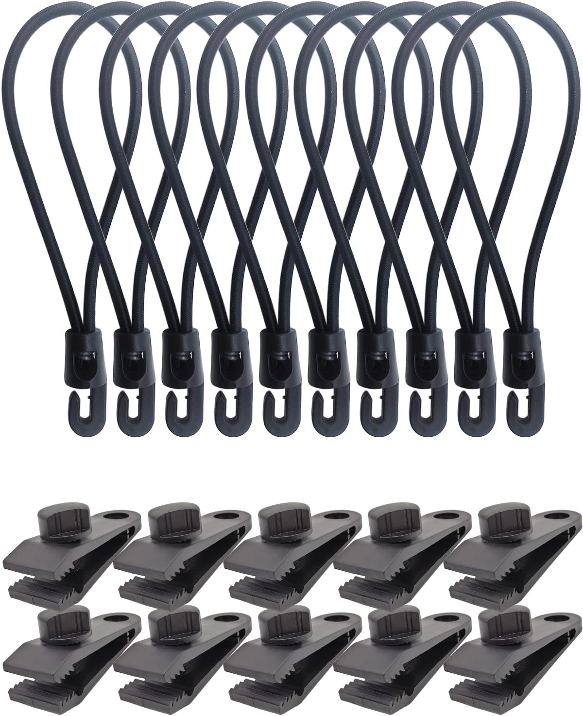 Tarp Clips Heavy Duty Lock Grip - 20 Pack Bungee Cords with Clips Tarps Clamps, Fasteners Clips Holder, Small Bungee Cords with Hooks 6 Inch, Tarp Tie Downs (Black)
