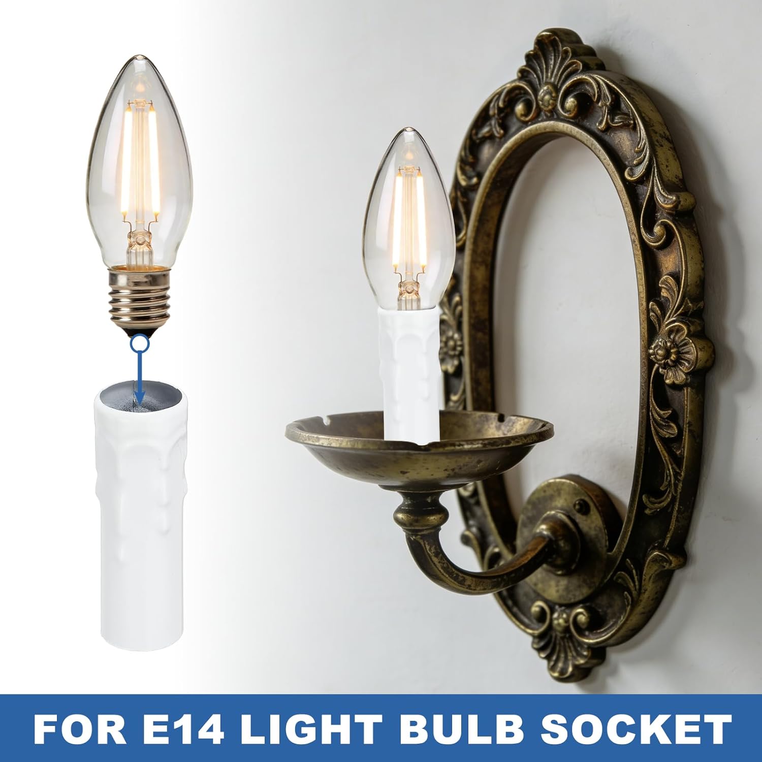 Candle Sleeves for E14 Chandeliers 3.2 Inch 6 Pcs - 24mm I.D. Metal Socket Covers with Dripping Candelabra Base, Light Bulb Accessories for Lamps DIY Lighting Fixture, White