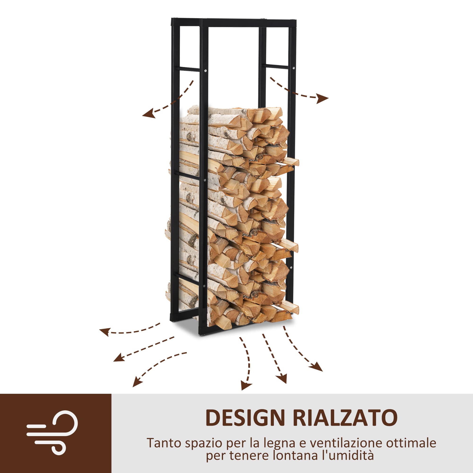 HOMCOM Porta Legna da Interno Verticale con Portata 100 kg max, Legnaia da Esterno e Interno in Metallo, 60x25x150 cm, Nero