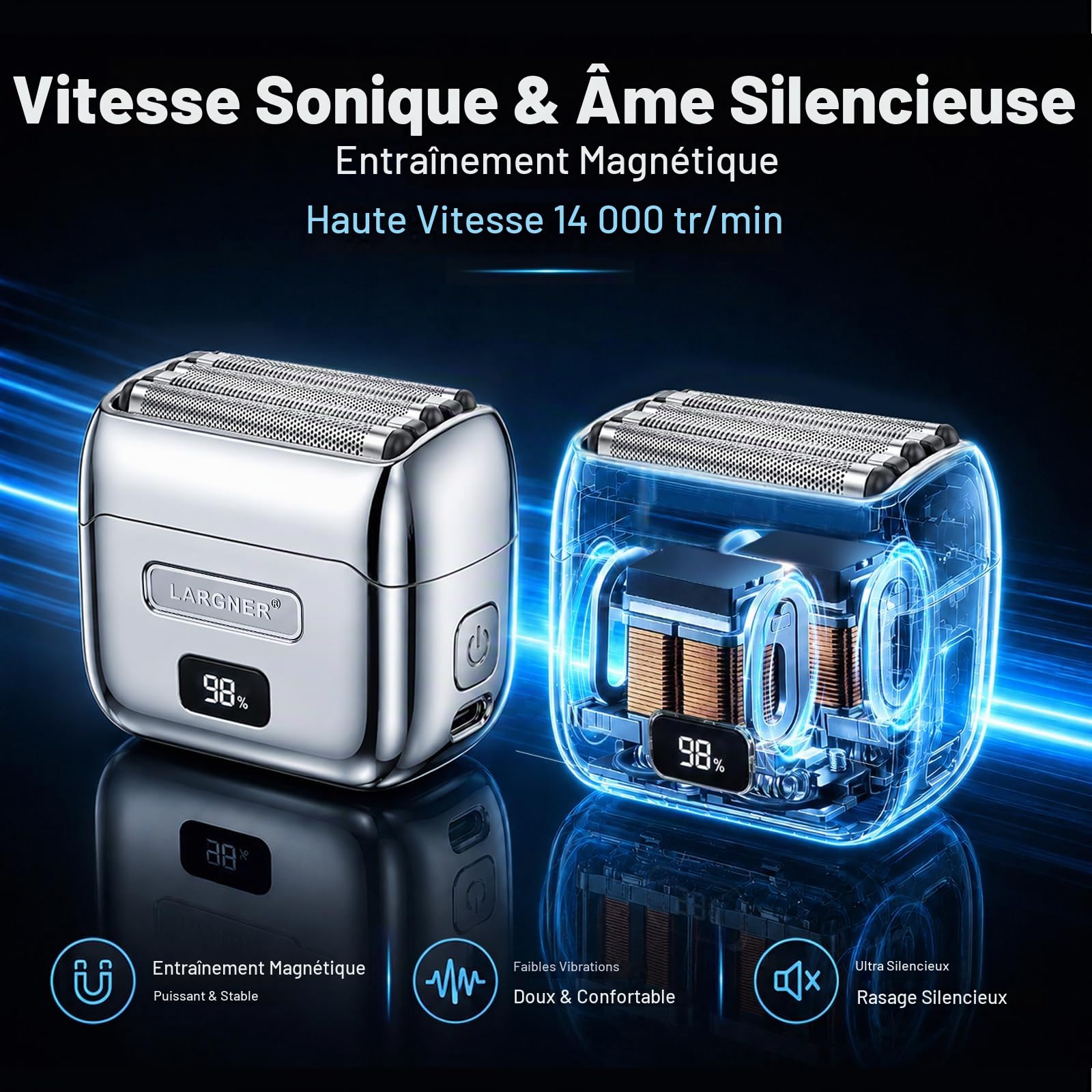 Rasoir électrique en métal pour homme – Rasoir en aluminium et tondeuse à lame en T, rasoir à lévitation magnétique avec 5 lames flottantes, mini rasoir silencieux, écran LED rechargeable