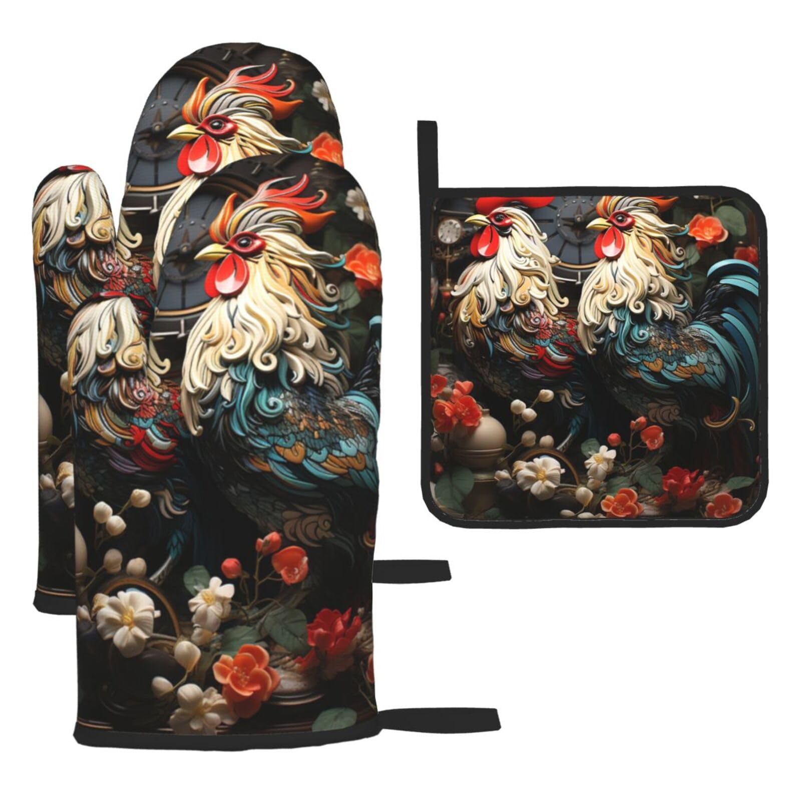 Oven Mitts and Pot Holders Sets of 3 Rooster and Chicken Oven Mitts 3 Pcs Heat Resistant Non Slip Ovens Gloves Hot Pads Kitchen Gloves Potholders for Baking Cooking BBQ Grilling