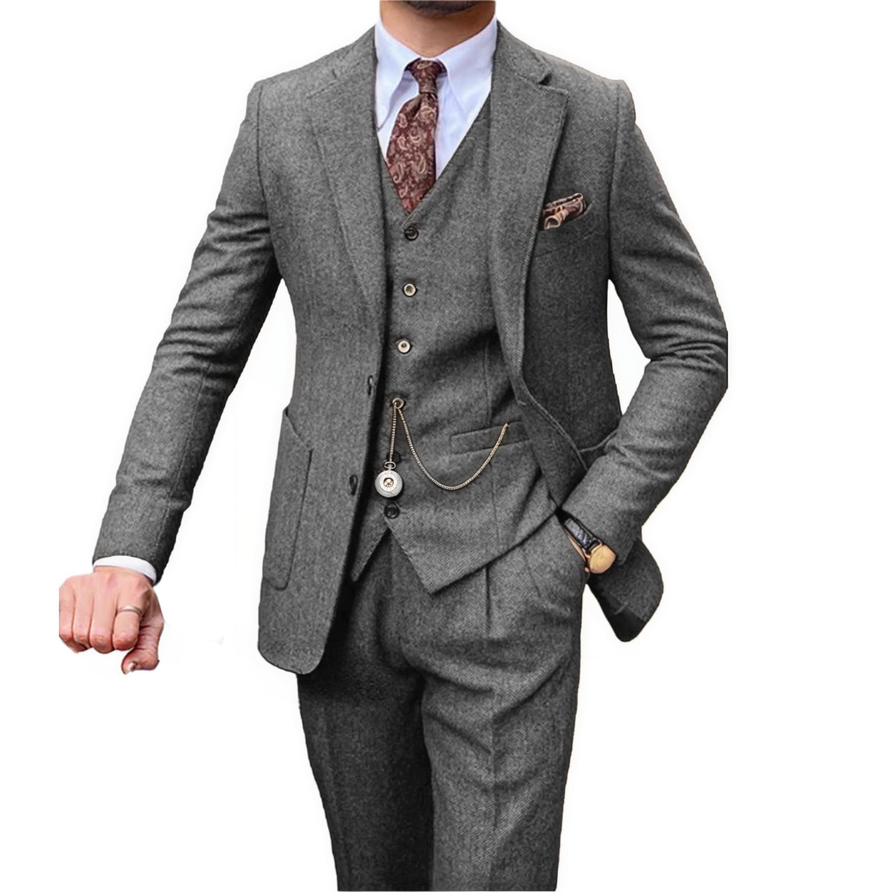 Completo da uomo in tweed, 3 pezzi, stile vintage, a spina di pesce, per matrimoni, balli di fine anno, abbigliamento casual da lavoro, set blazer e pantaloni