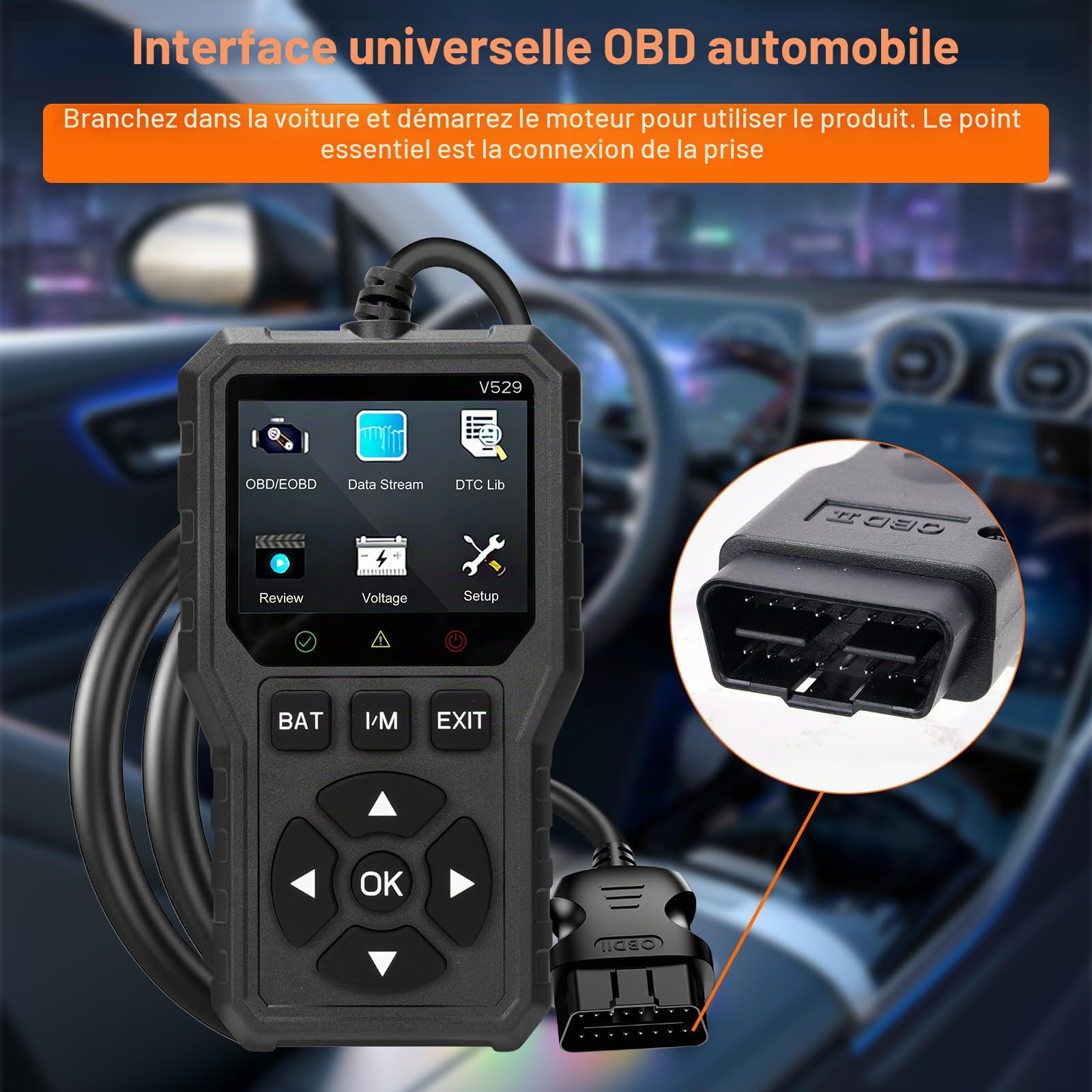 Appareil de Diagnostic OBD2 Universel pour Voiture et Moto - Lecteur de Code de Défaut avec Écran Couleur HD, Surveillance de Batterie - Outil de Diagnostic Complet pour Véhicules 12V