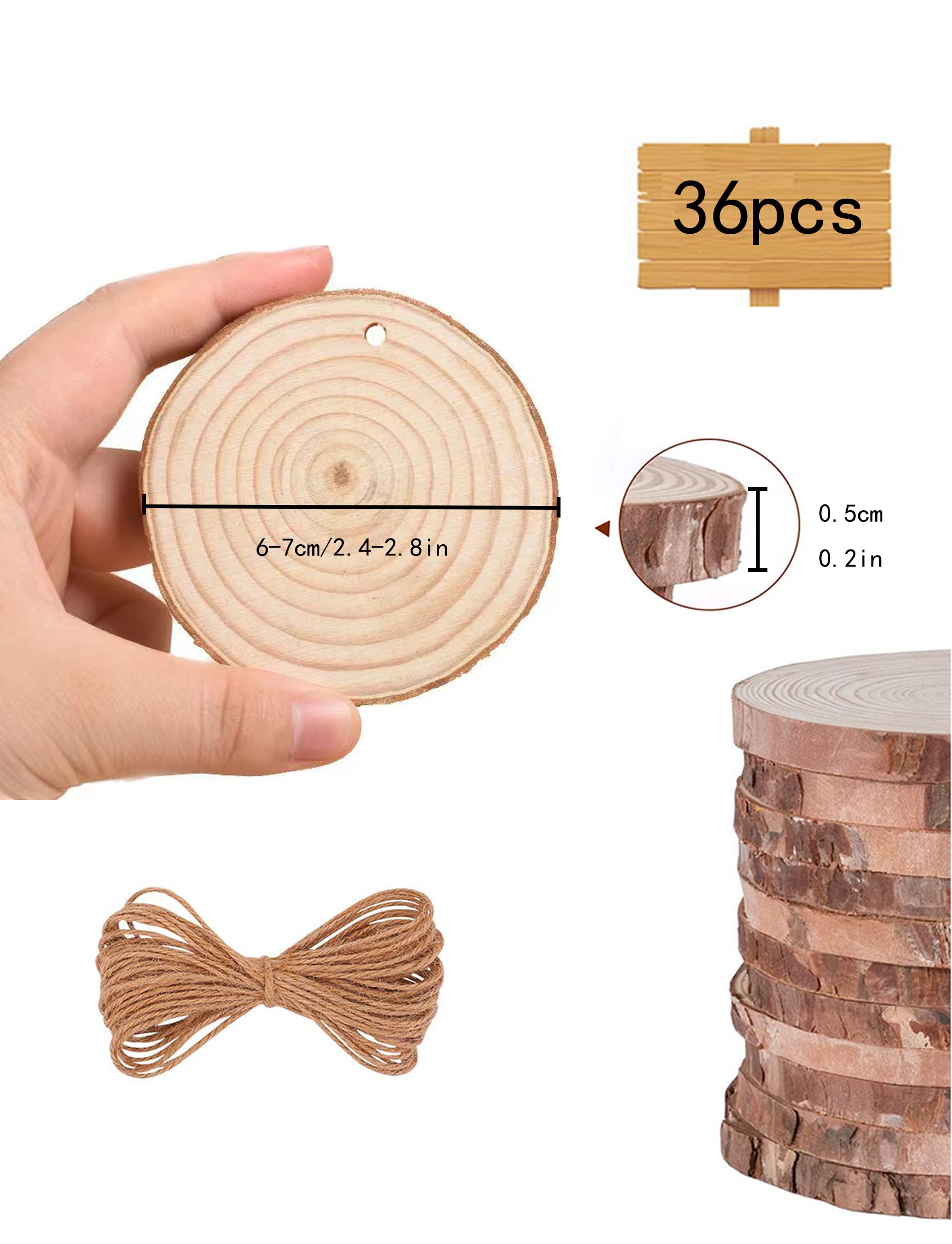30 Natur-Holzscheiben Mit Loch – 5-6 Cm, 1 Cm Dick, Inkl. 10 M Juteschnur Für DIY & Deko
