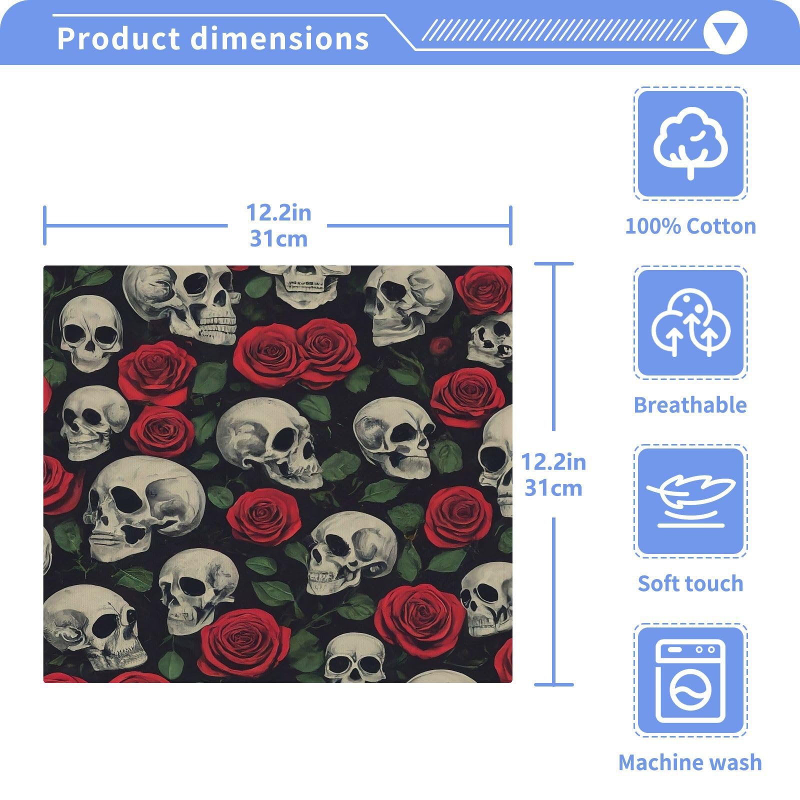 YANENDIE Skulls and Roses Washcloths Towels, Highly Absorbent and Soft Cotton Face Cloths, 2 Pack Quick Dry Wash Cloths - 12 X 12 Inches