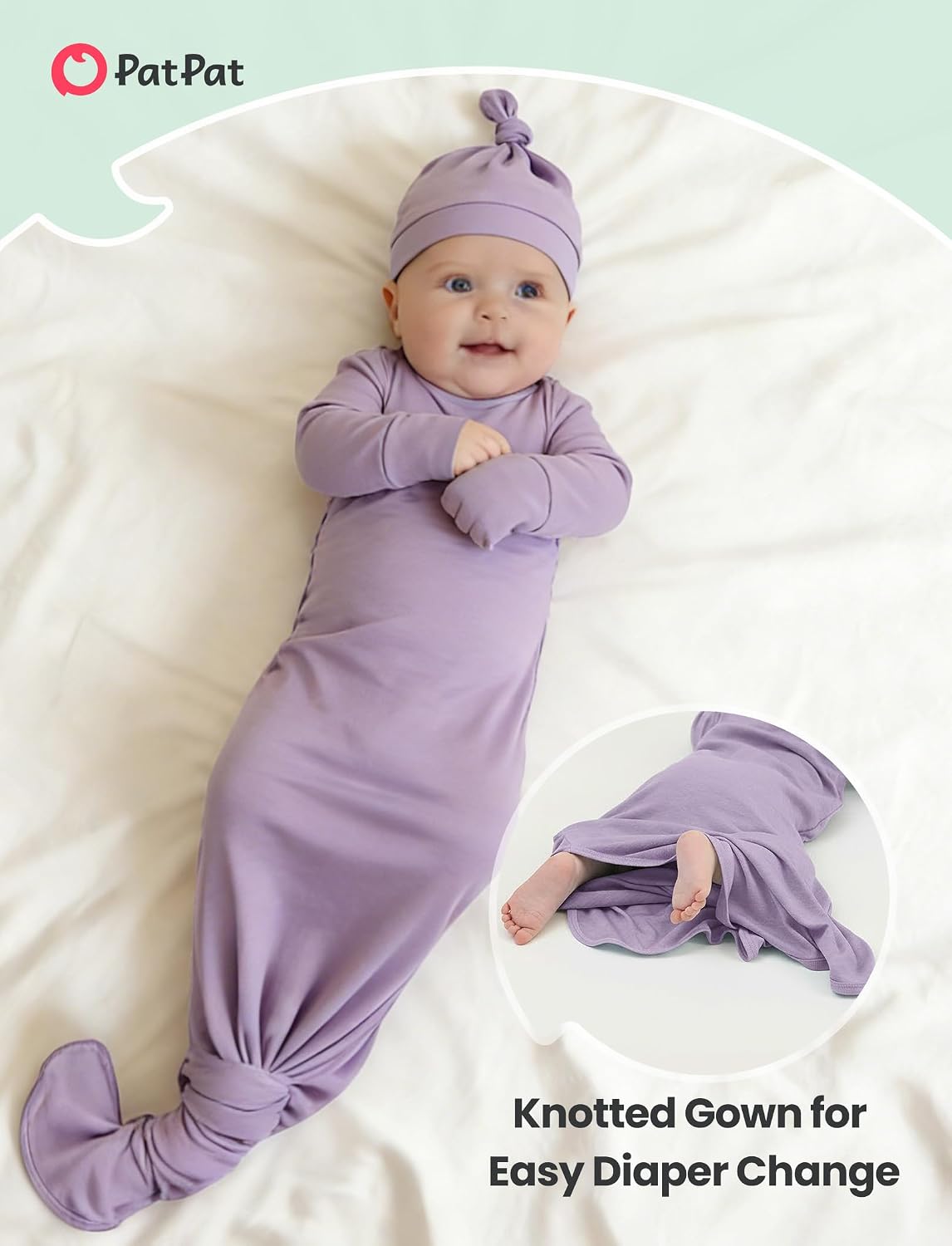 PATPAT Baby Sleeper Gown with Hat for Newborn, Knotted Baby Gown with Fold-Over Mittens for Infant Girl Boy Home Coming Gift